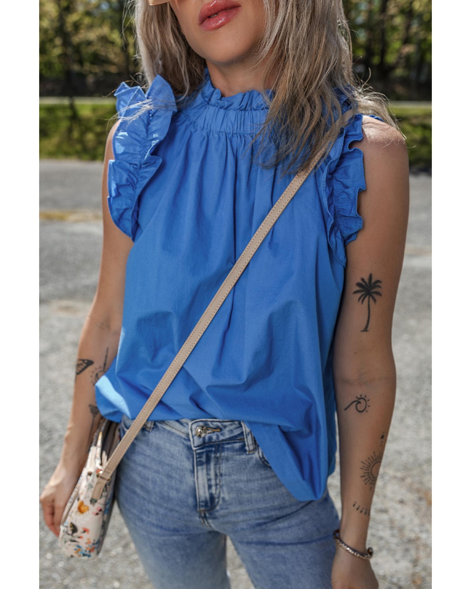 V539-AZEXDC25612488-P205-M-202508300105-00 Sky Blue Frilled Neck Ruffled Armholes Buttoned Back Tank Top - M - Image 1