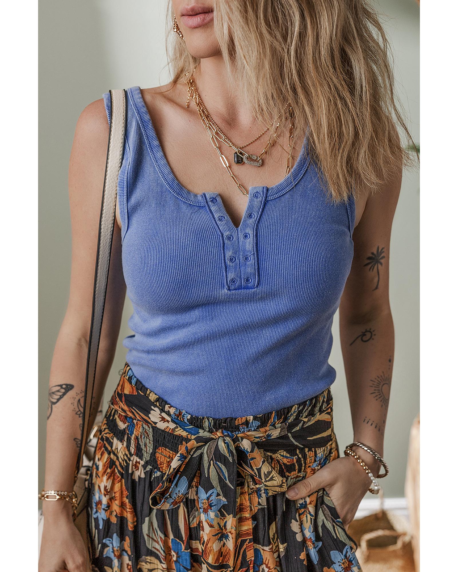 V539-AZEXDC25612491-P205-XL-202508280855-00 Sky Blue Mineral Wash Ribbed Notch Neck Tank Top - XL - Image 1