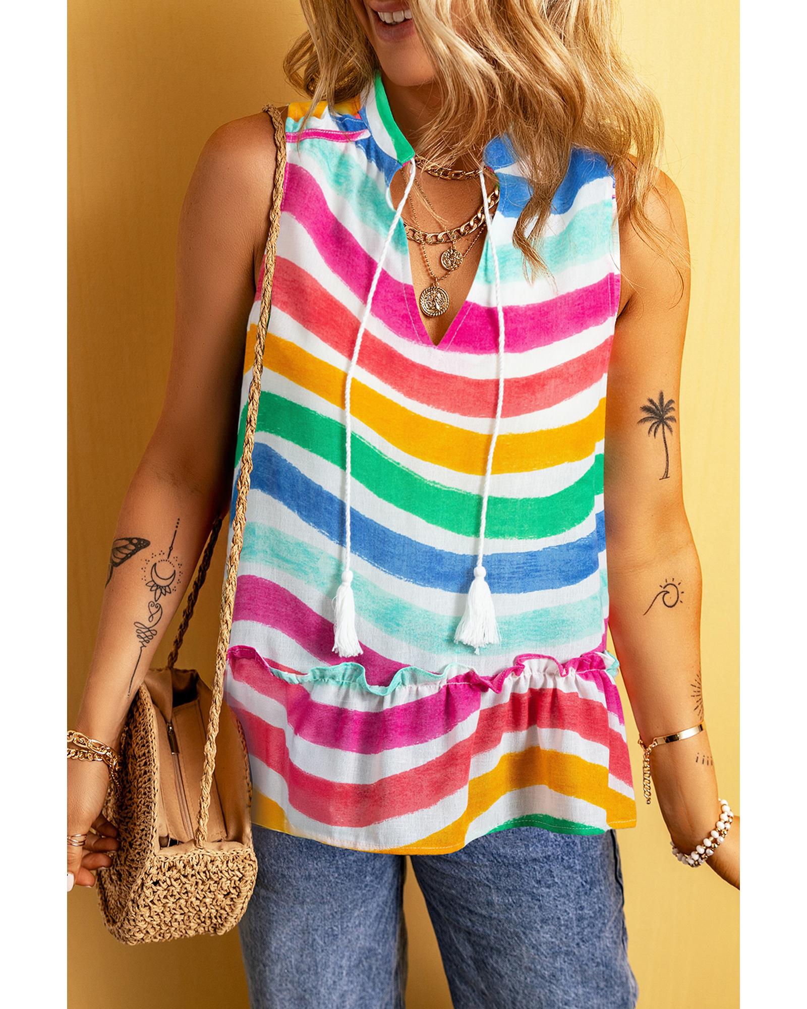 V539-AZEXDC25612501-P622-XL-202508300600-00 Rose Red Rainbow Stripes Ruffled Hem Drawstring V Neck Tank Top - XL - Image 1