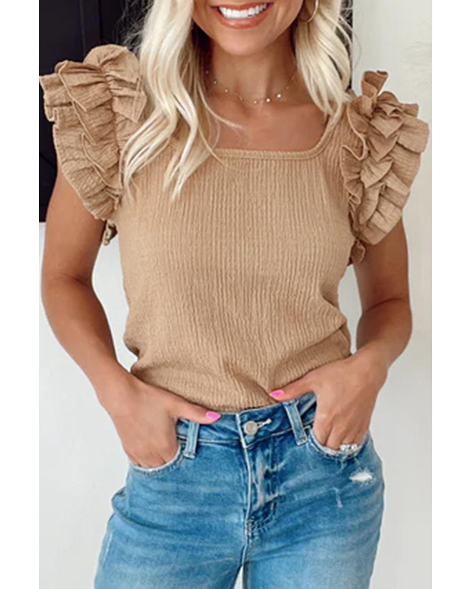 V539-AZEXDC25612628-P7016-S-202508271855-00 Smoke Gray Ruffled Tiered Sleeve Square Neck Textured Top - S - Image 1