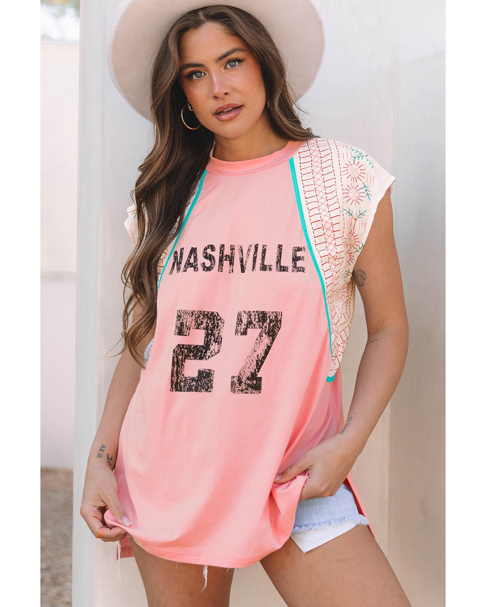 V539-AZEXDC25612757-P1010-L-202508271310-00 Light Pink Vintage Nashville Printed Patchwork Tank Top - L - Image 1
