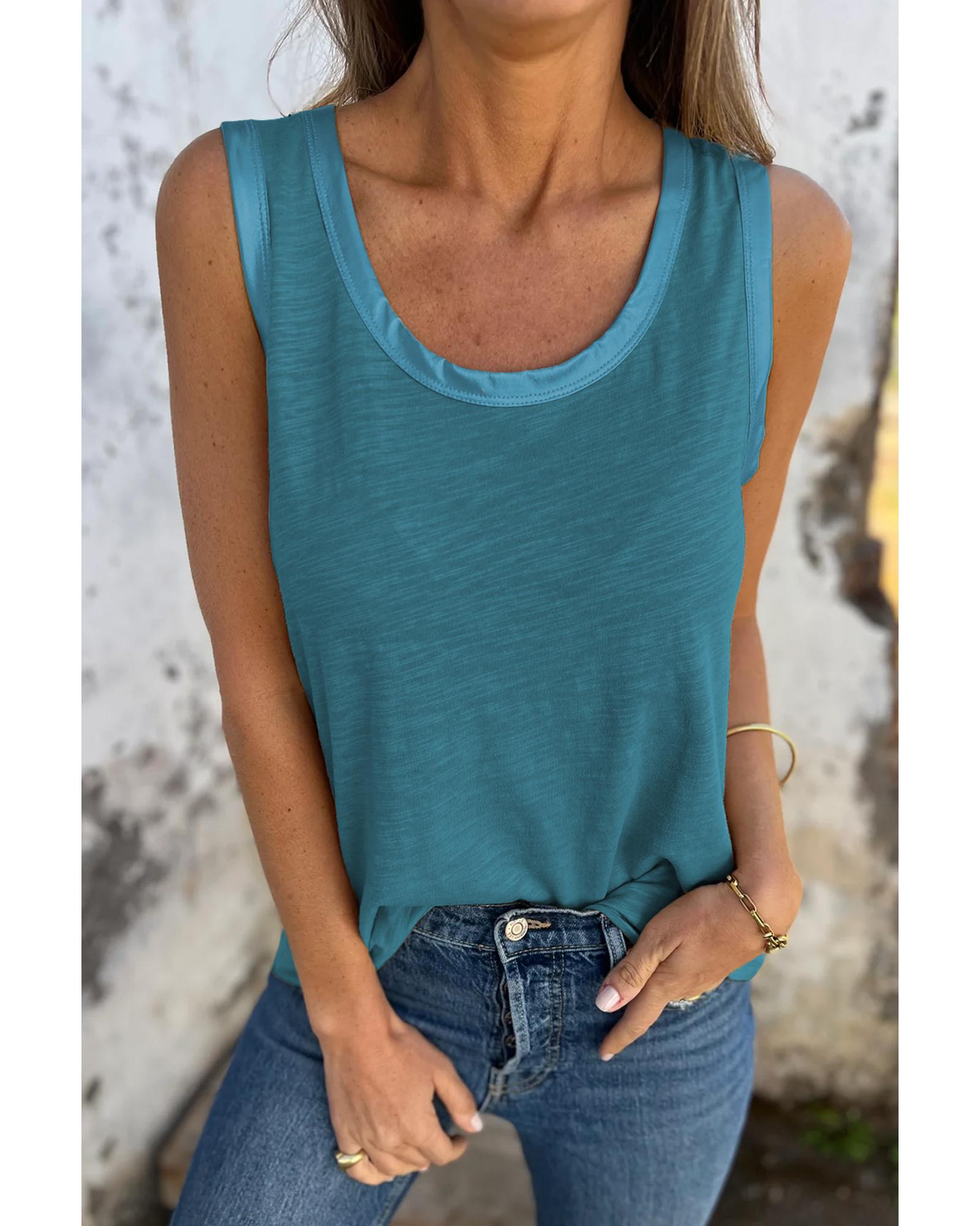 V539-AZEXDC25612870-P405-L-202508281320-00 Peacock Blue Metallic Sheen Edge Scoop Neck Tank Top - L - Image 1