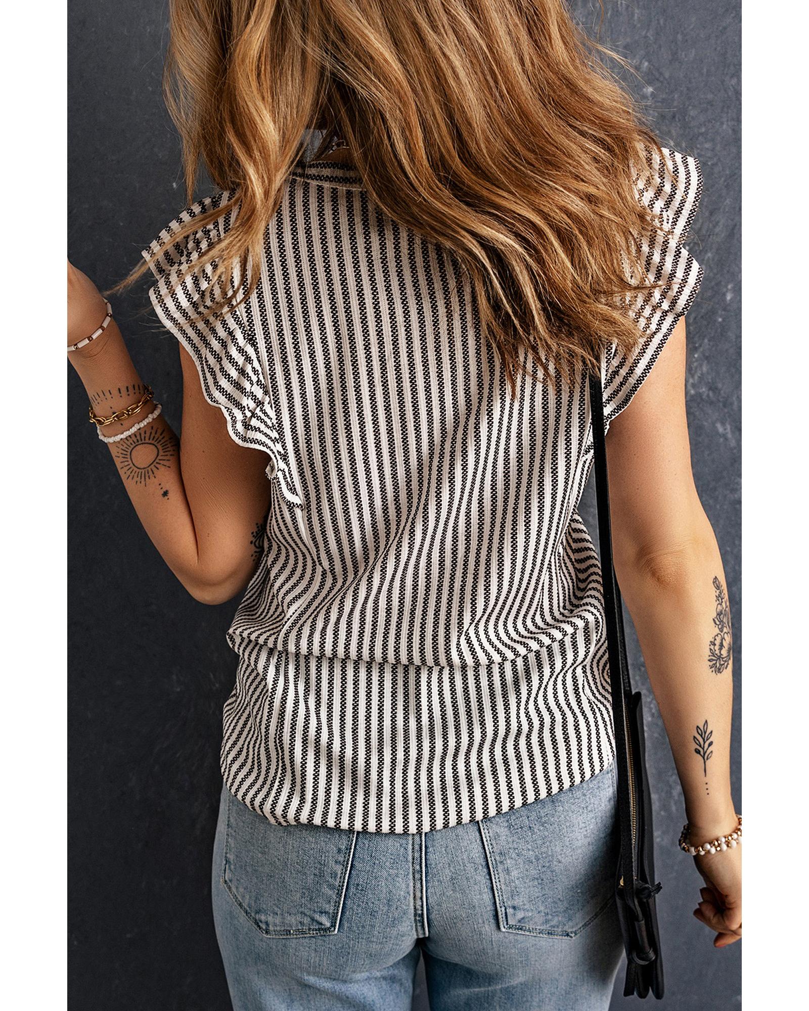 V539-AZEXDC256435-11-M-202506131735-00 Gray Crew Neck Ruffled Striped Tank Top - M - Image 1