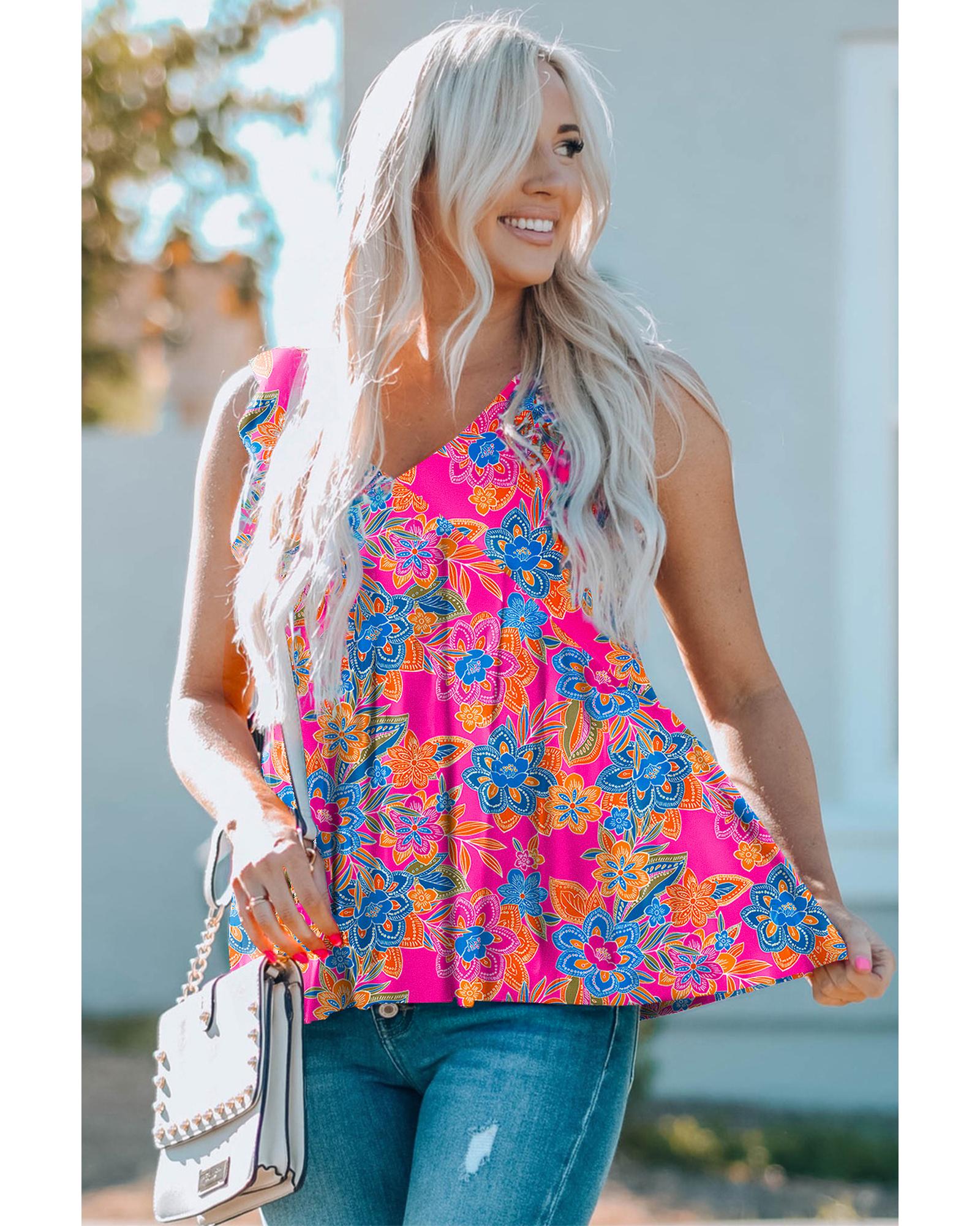 V539-AZEXDC2565745-P622-S-202506131321-00 Rose Red Boho Pattern Print Flounce V Neck Tank Top - S - Image 1