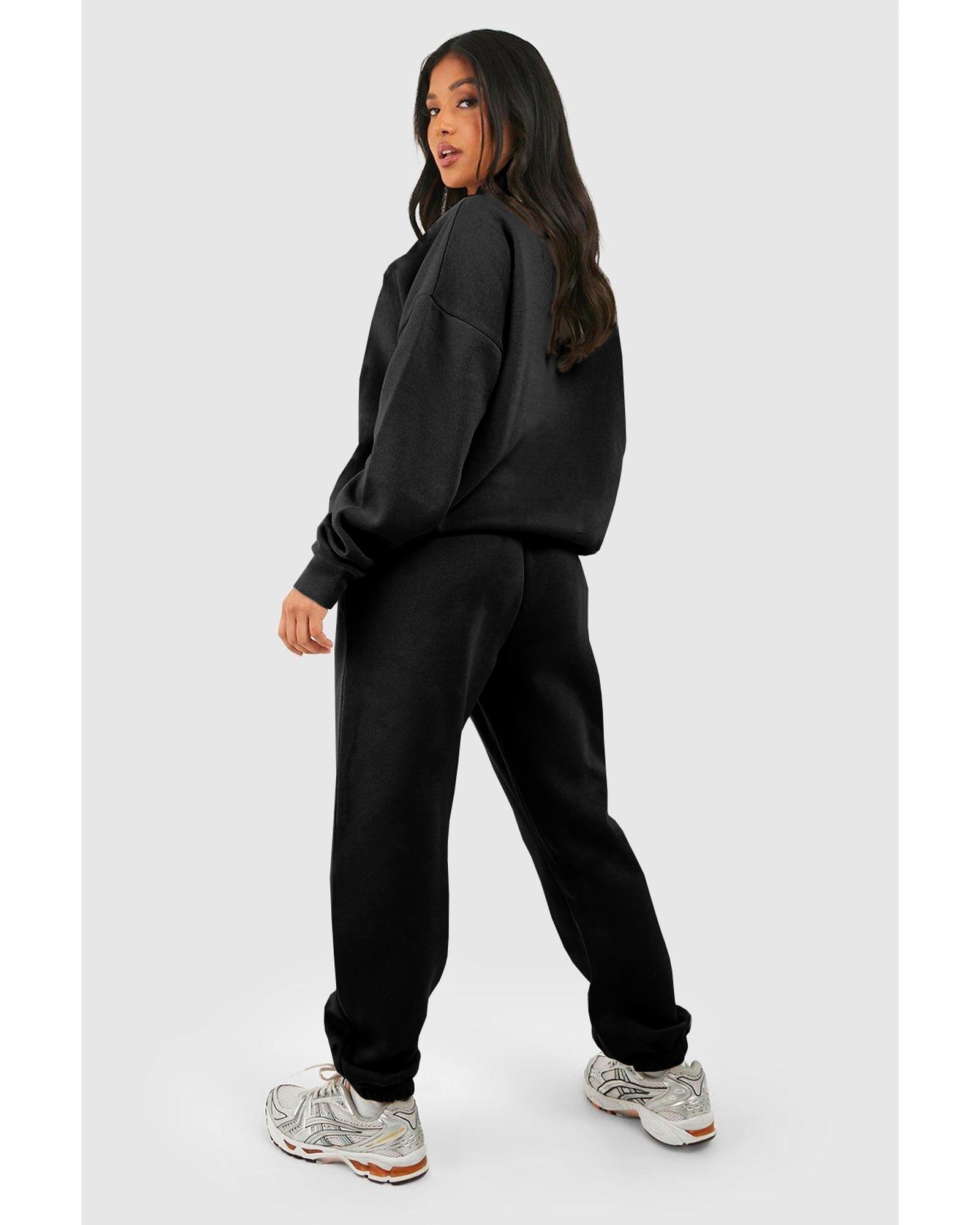 V539-AZEXDC2611645-P2-XL-202508280820-00 Black Plain Half Zip V Neck Ribbed Edge Loose Tracksuit - XL - Image 1