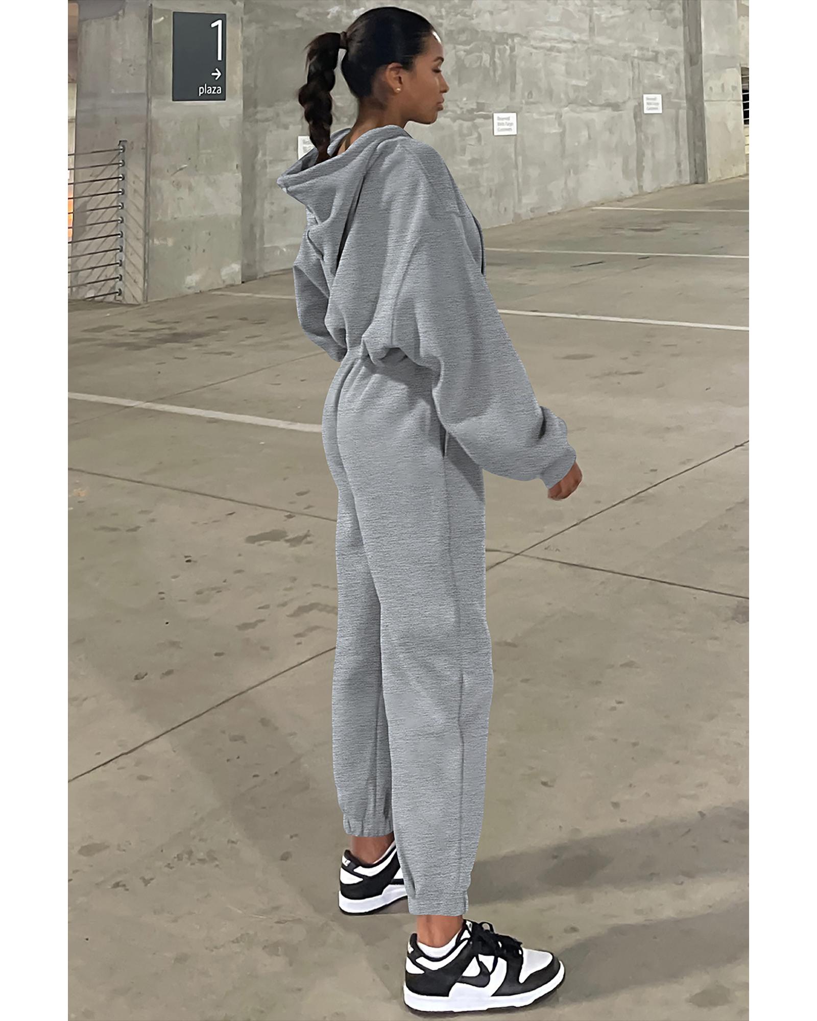 V539-AZEXDC2611658-P11-M-202508300705-00 Gray Solid Drop Shoulder Hoodie and Joggers Activewear Set - M - Image 1