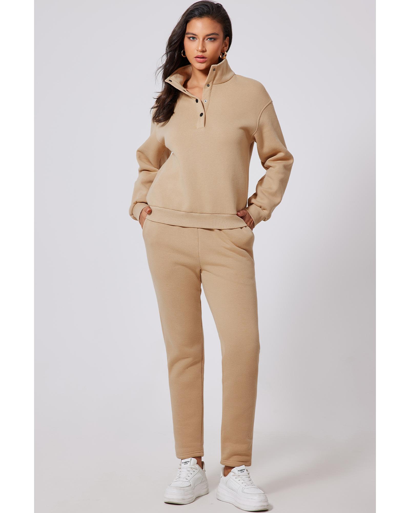 V539-AZEXDC2611667-P6016-2XL-202508282300-00 Parchment Solid Half Button Sweatshirt and High Waist Sweatpants Set - 2XL - Image 1