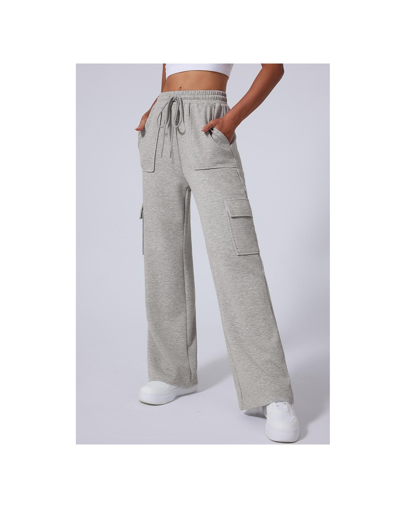 V539-AZEXDC265581-P1011-XL-202508270255-00 Light Grey Multi Pockets Lace-up High Waist Wide Leg Workout Pants - XL - Image 1