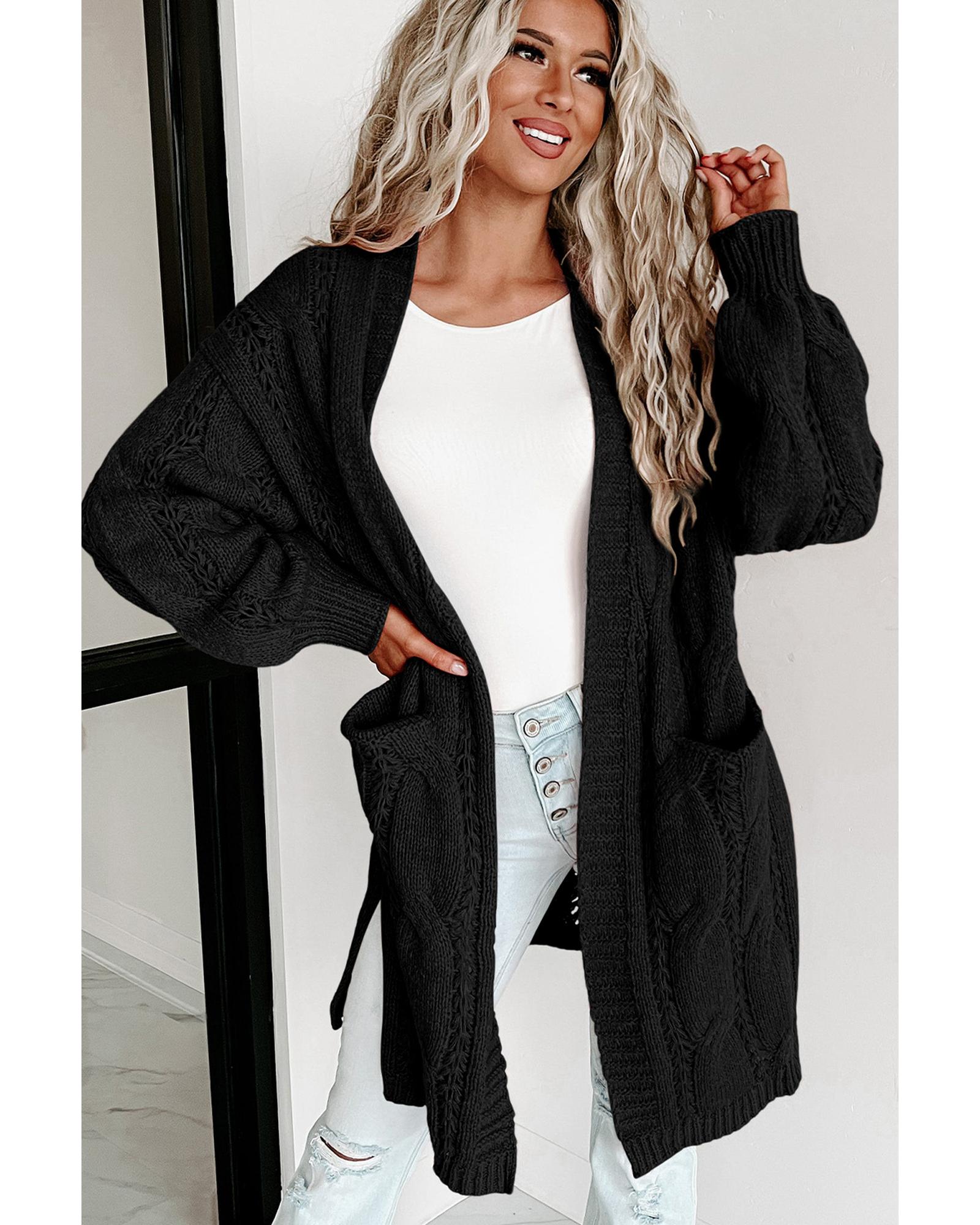 V539-AZEXDC2711021-2-L-202508281040-00 Black Ribbed Trim Eyelet Cable Knit Cardigan - L - Image 1