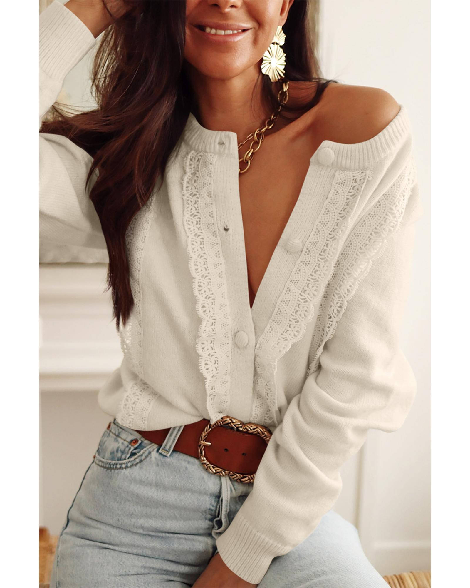 V539-AZEXDC2711043-18-M-202508292350-00 Apricot Lace Trim Ribbed Round Neck Button Up Cardigan - M - Image 1