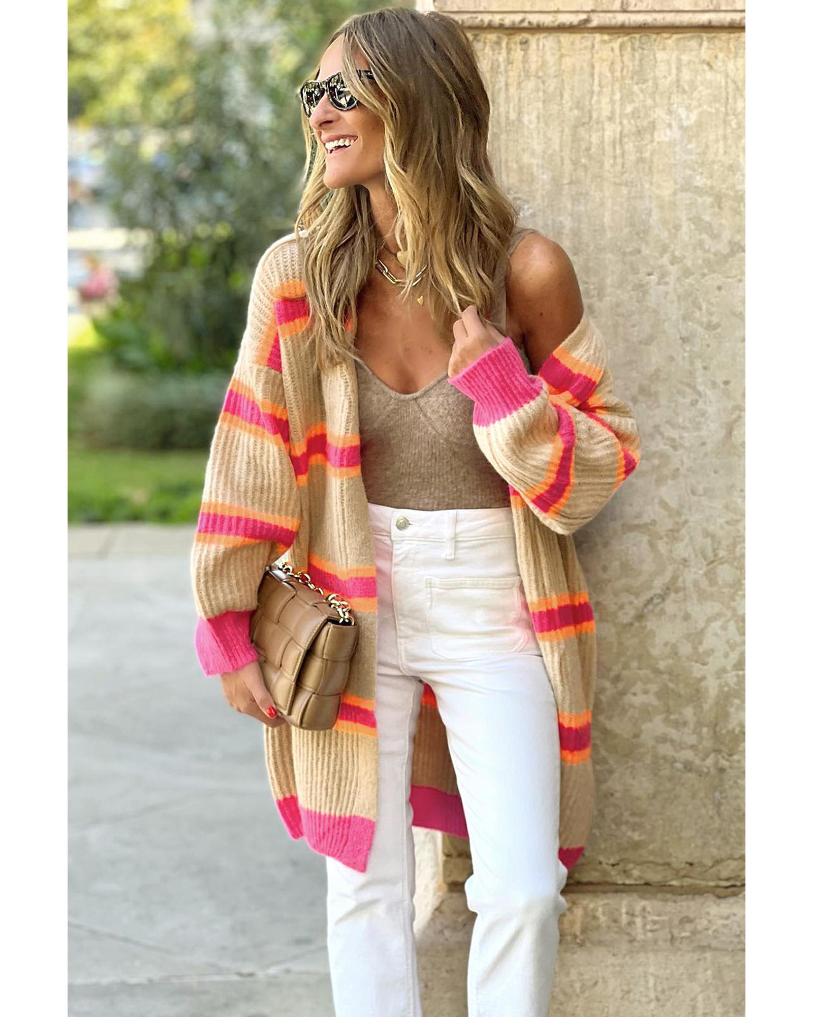 V539-AZEXDC2711054-19-S-202506131732-00 Stripe Printed Ribbed Long Knitted Cardigan - S - Image 1