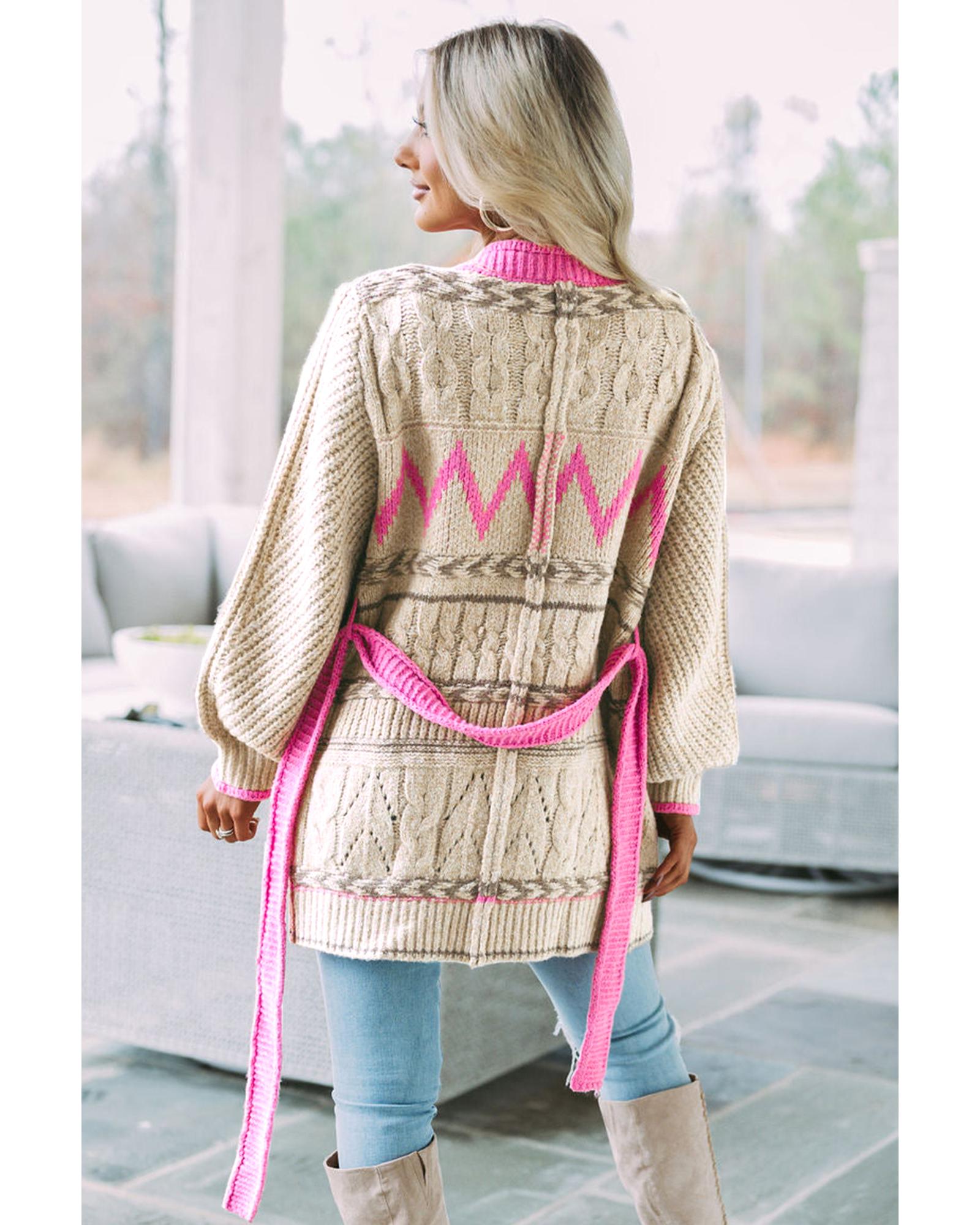 V539-AZEXDC2711090-11-M-202508290225-00 Gray Geometric Cable Knit Pocketed Open Front Cardigan - M - Image 1