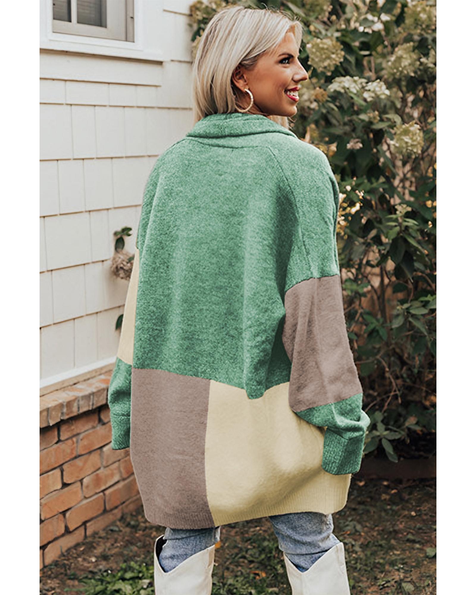 V539-AZEXDC2711103-9-L-202508292130-00 Green Colorblock Draped Open Front Chunky Cardigan - L - Image 1