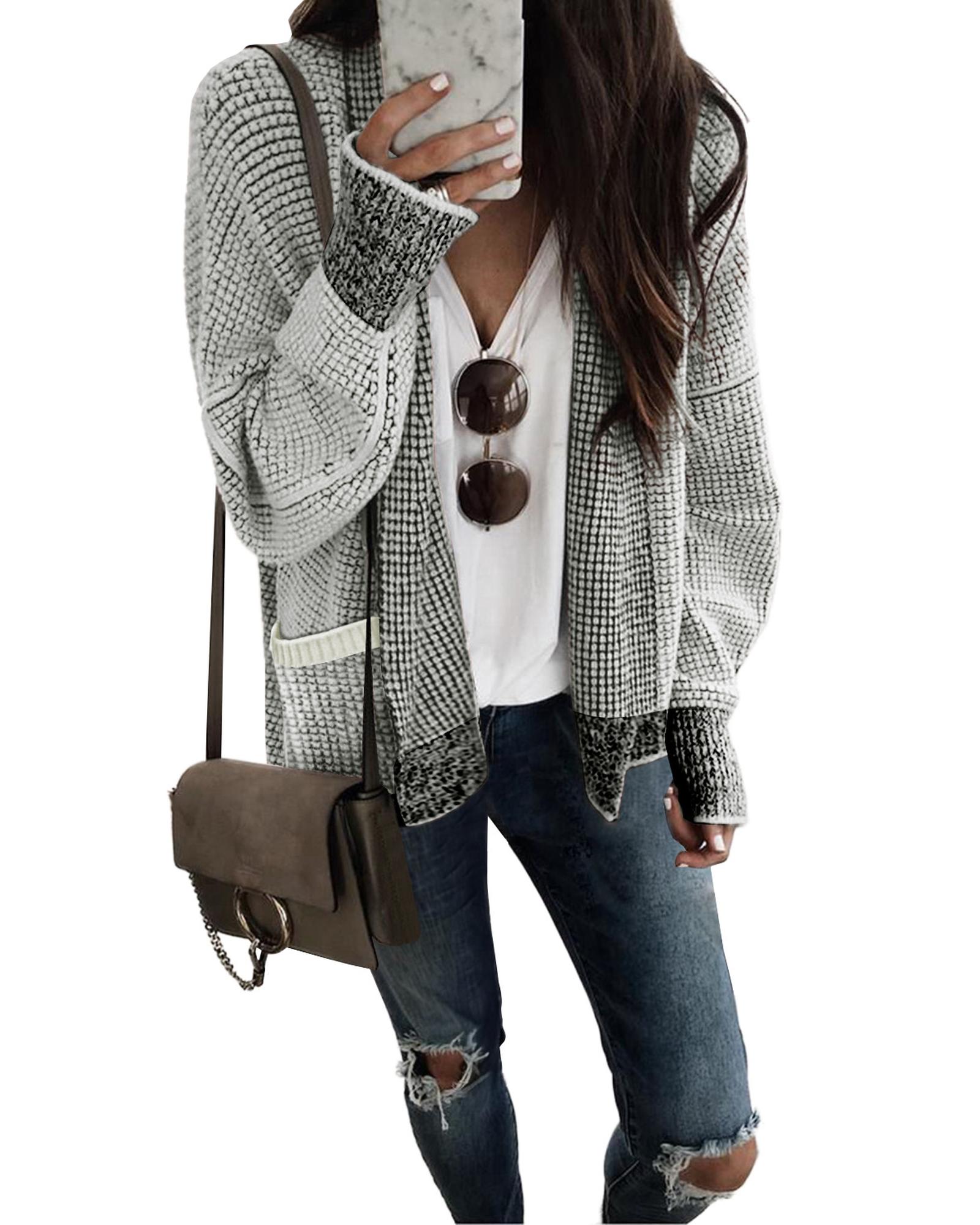 V539-AZEXDC2711120-11-2XL-202508300140-00 Gray Chunky Waffle Knit Oversized Collar Cardigan - 2XL - Image 1