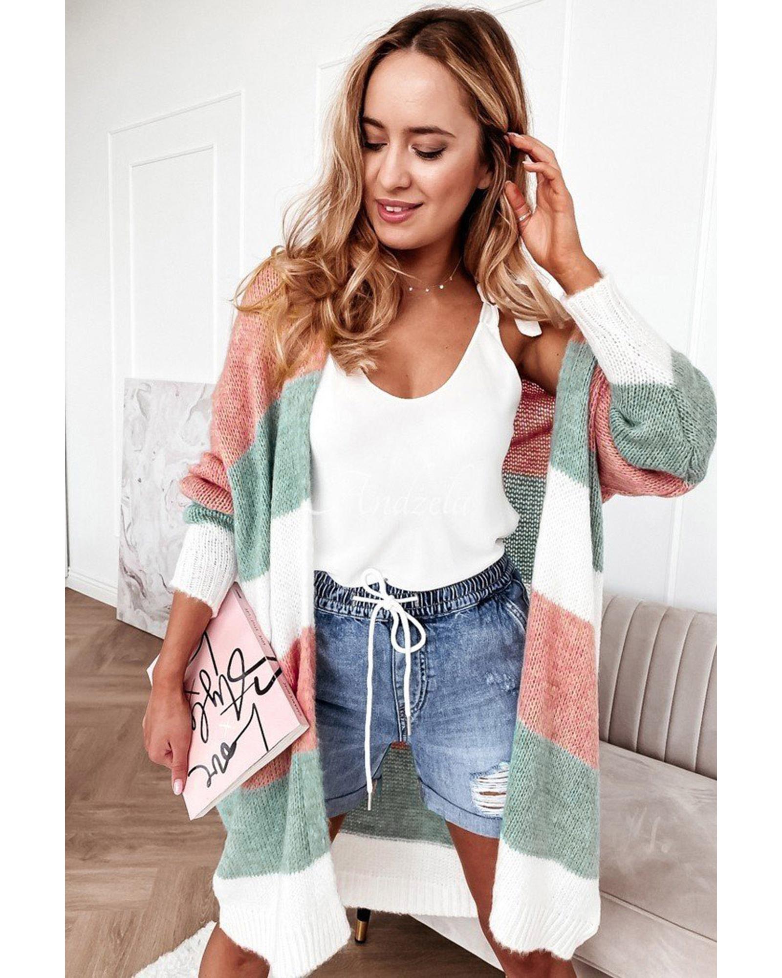 V539-AZEXDC2711217-9-S-202506131825-00 Green Colorblock Stripe Open-Front Cardigan - S - Image 1