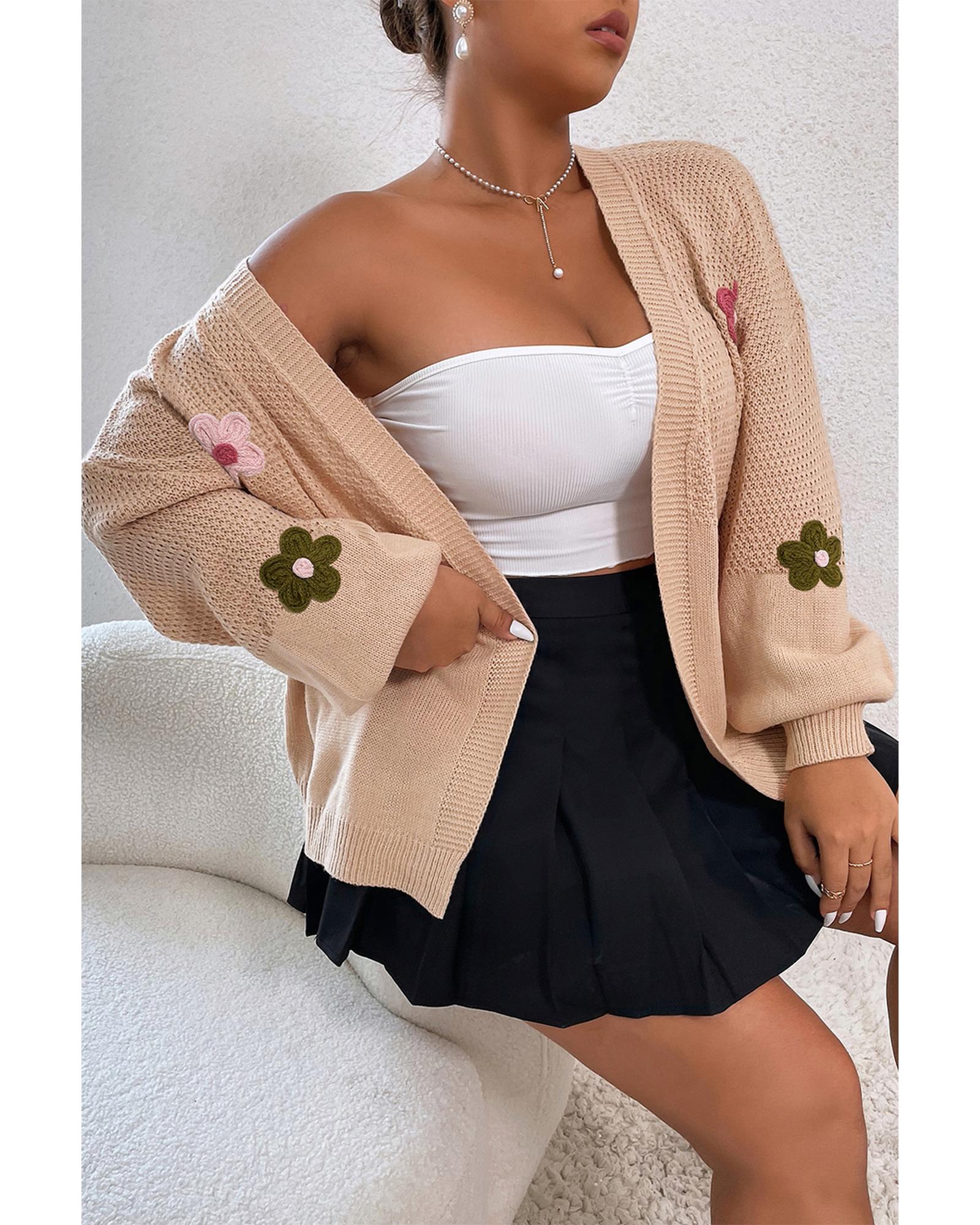 V539-AZEXDC2711388-P7016-L-202506131852-00 Smoke Gray Floral Applique Drop Shoulder Bubble Sleeve Cardigan - L - Image 1