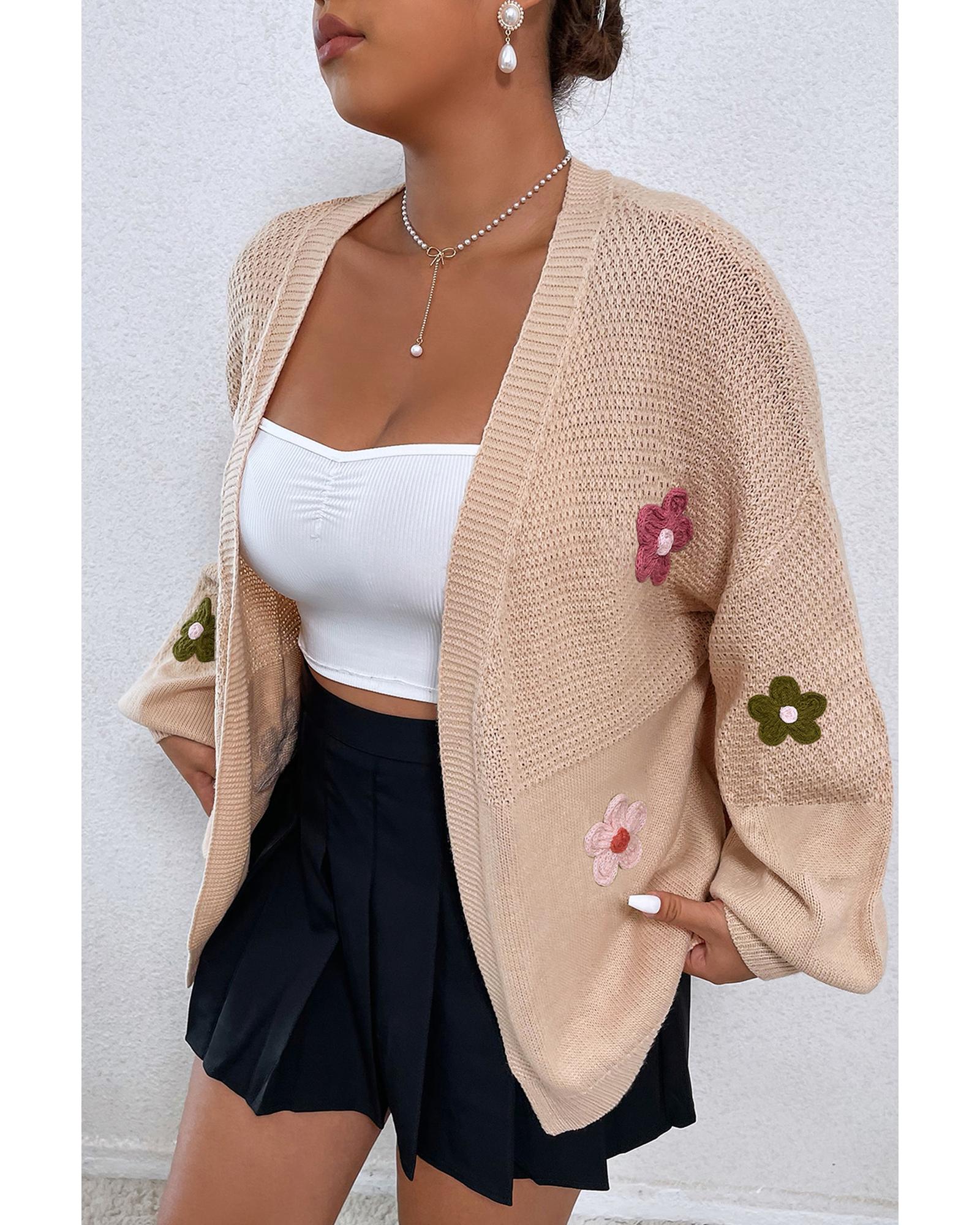 V539-AZEXDC2711388-P7016-M-202508292030-00 Smoke Gray Floral Applique Drop Shoulder Bubble Sleeve Cardigan - M - Image 1