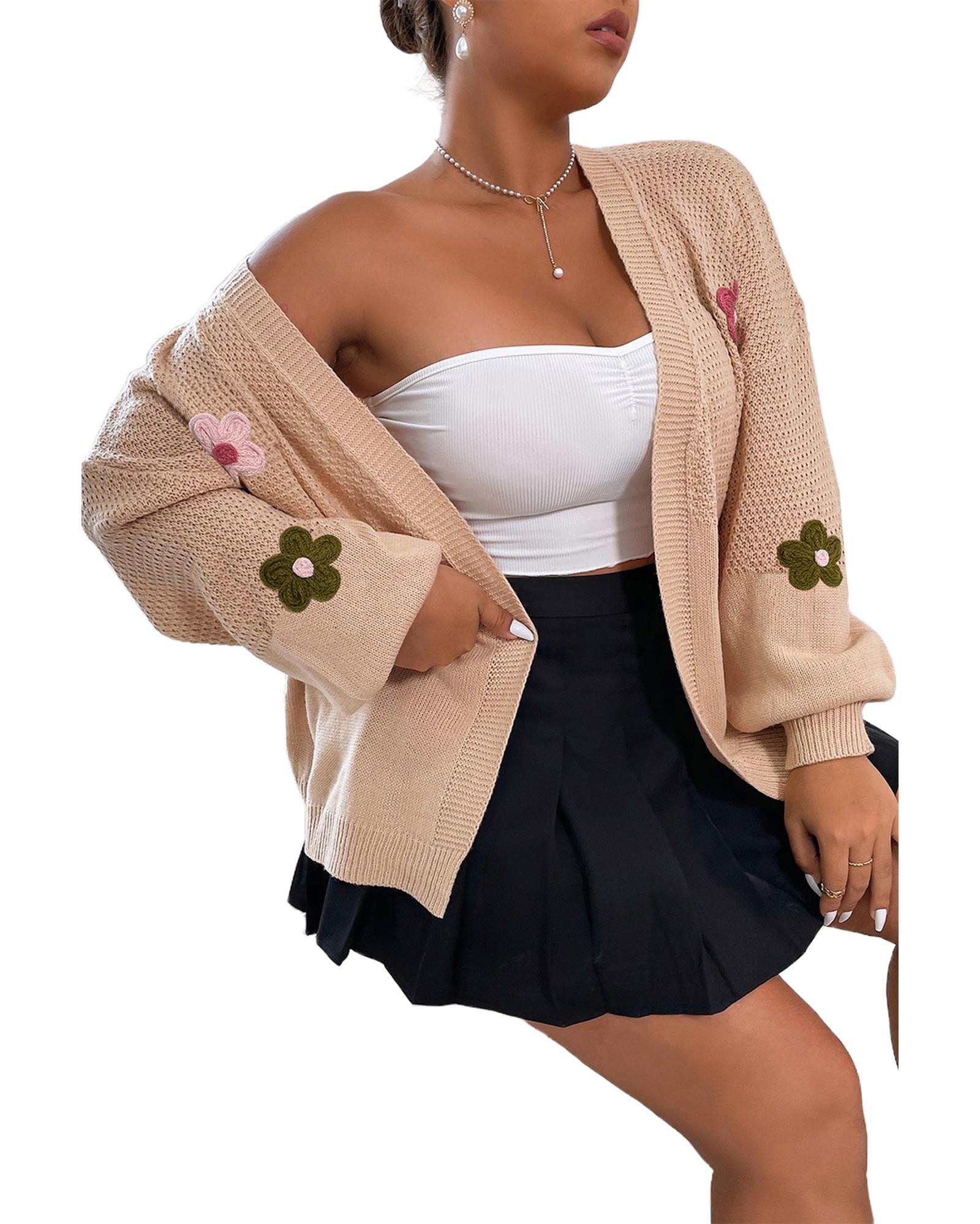 V539-AZEXDC2711388-P7016-XL-202508292315-00 Smoke Gray Floral Applique Drop Shoulder Bubble Sleeve Cardigan - XL - Image 1