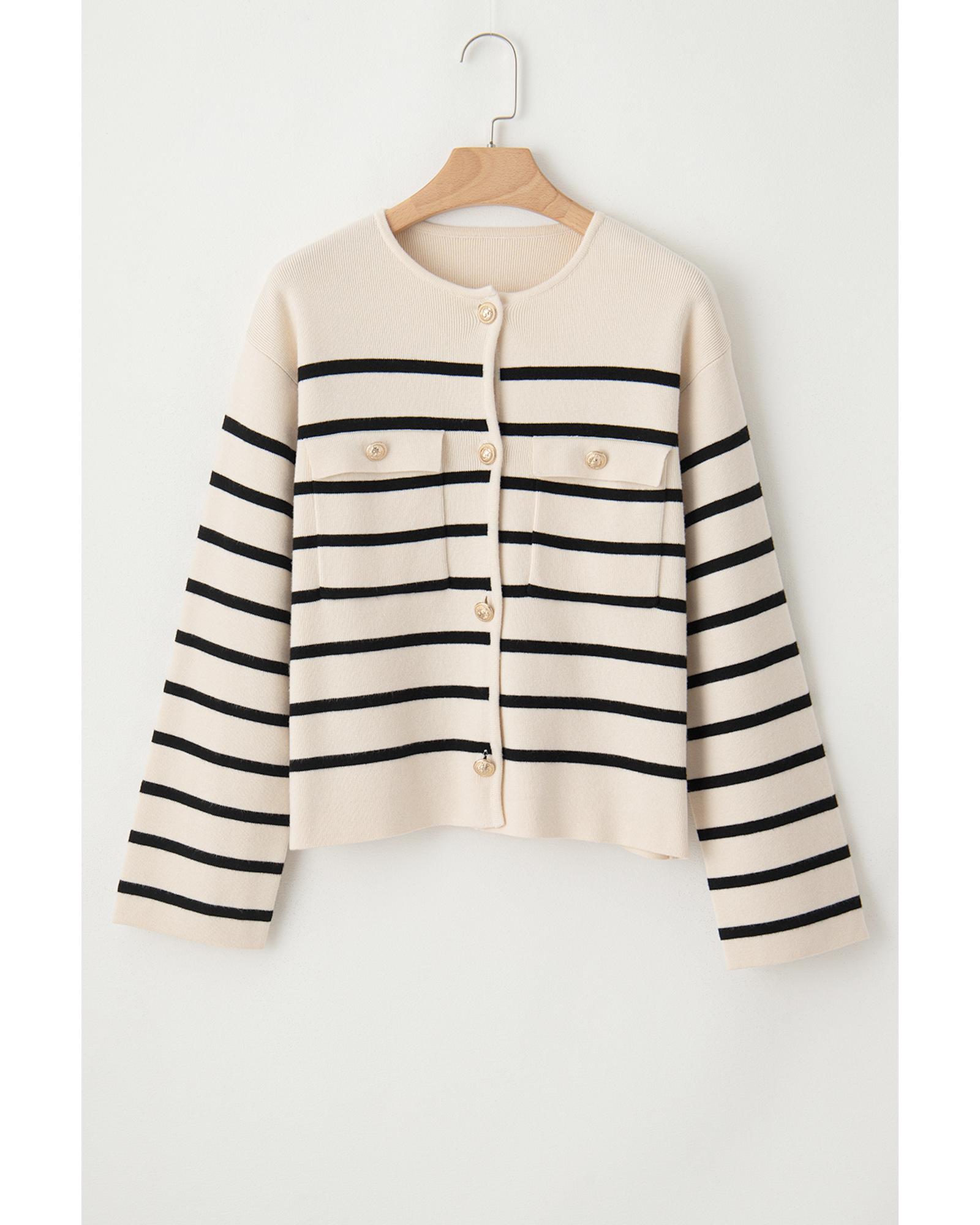 V539-AZEXDC2711635-P219-M-202506131940-00 Black Stripe Flap Pocket Buttoned Cardigan Sweater - M - Image 1