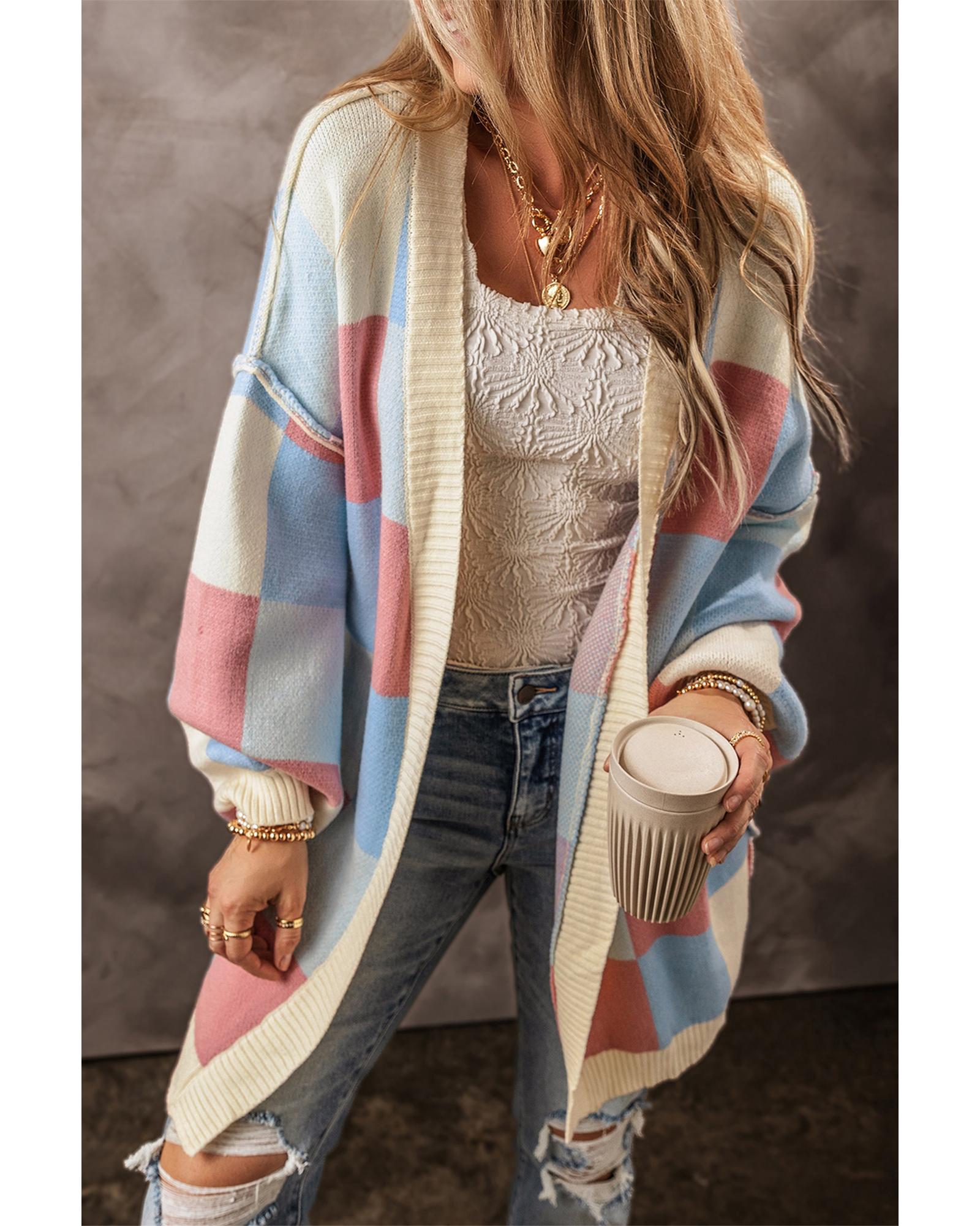 V539-AZEXDC2711769-P422-XL-202508291535-00 Light Blue Checkered Drop Shoulder Exposed Seam Open Front Cardigan - XL - Image 1