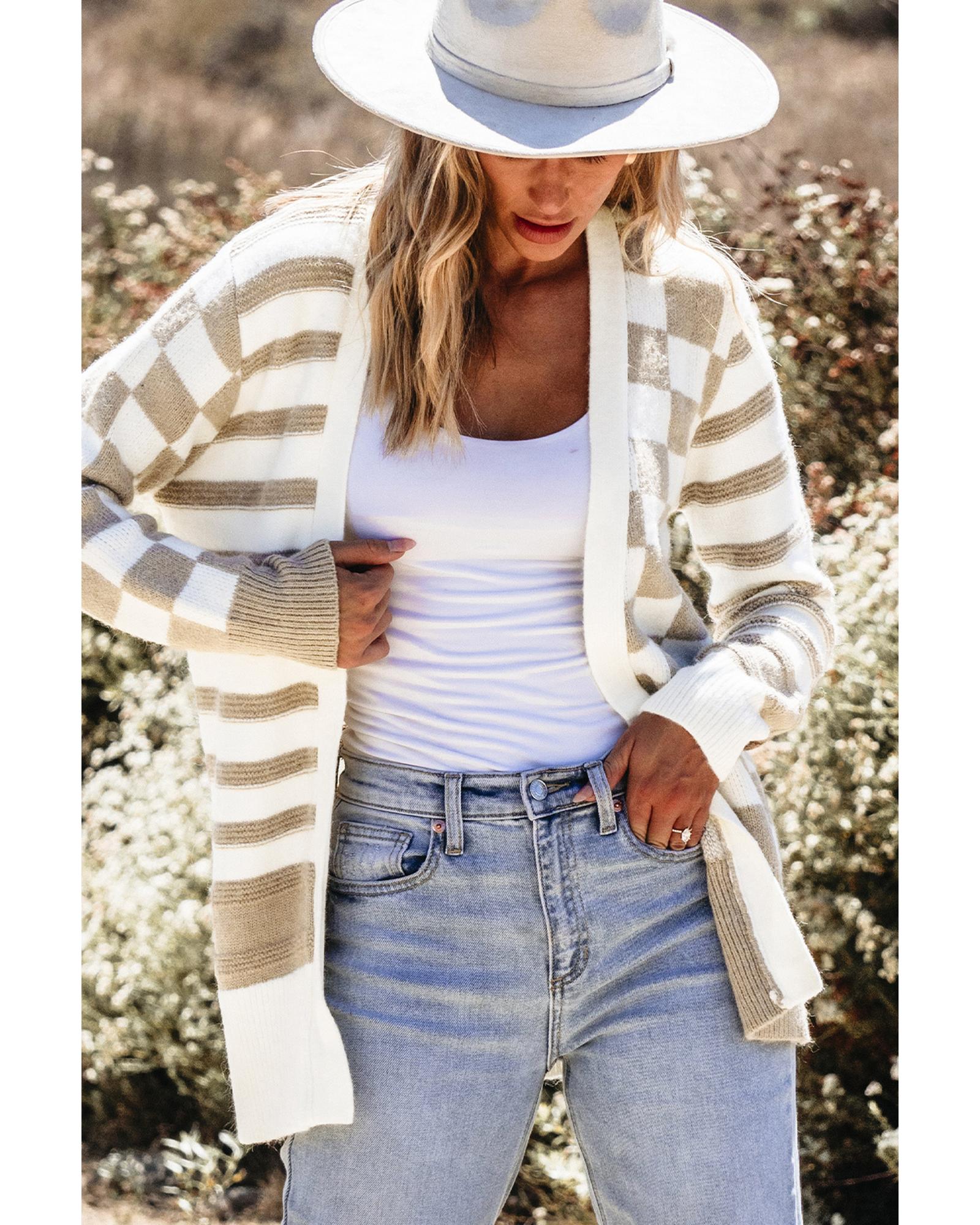 V539-AZEXDC2711838-P7016-M-202508281010-00 Smoke Gray Gingham Striped Knitted Open Front Cardigan - M - Image 1