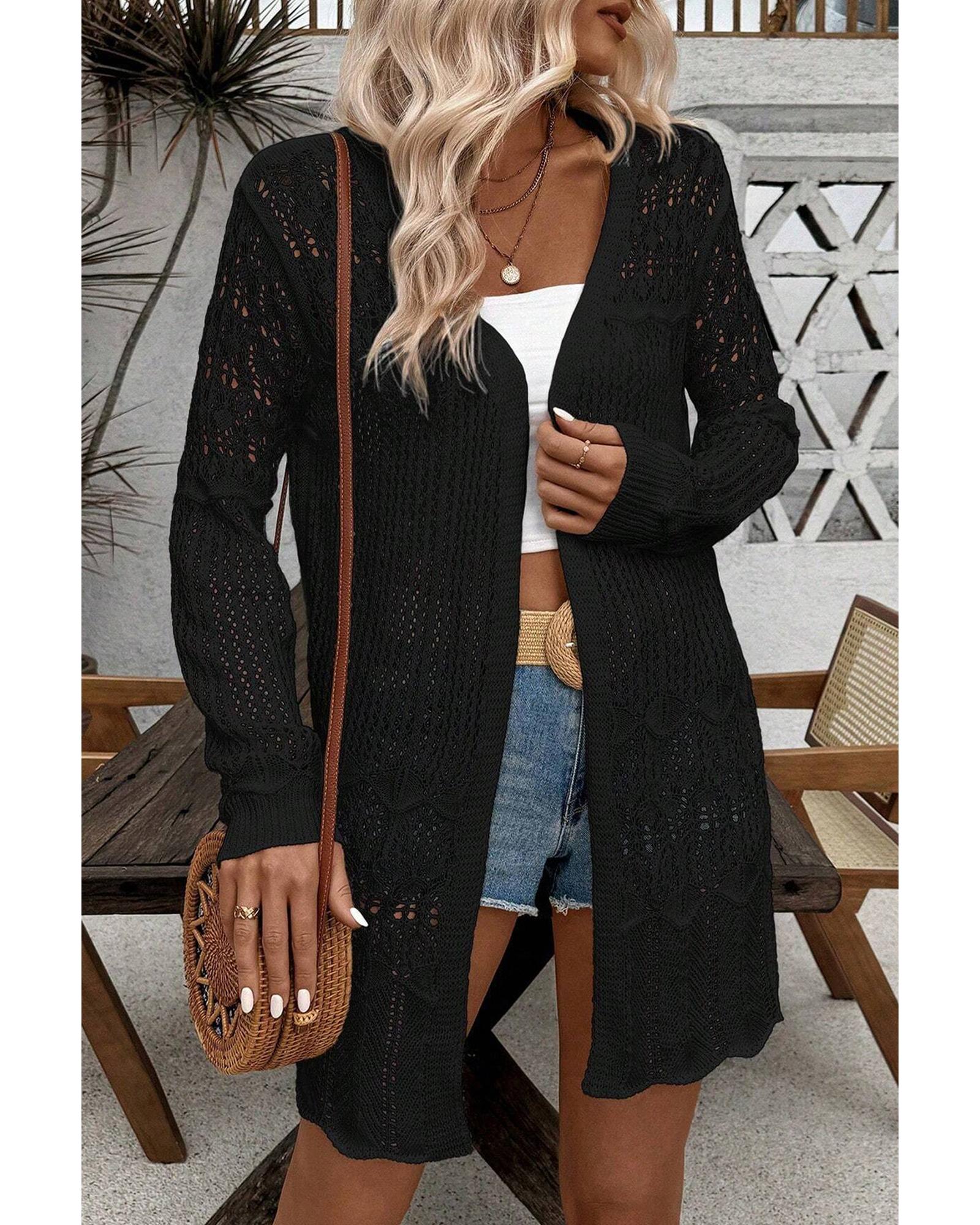 V539-AZEXDC2711893-P2-L-202508282225-00 Black Crochet Hollow Out Open Front Cardigan - L - Image 1