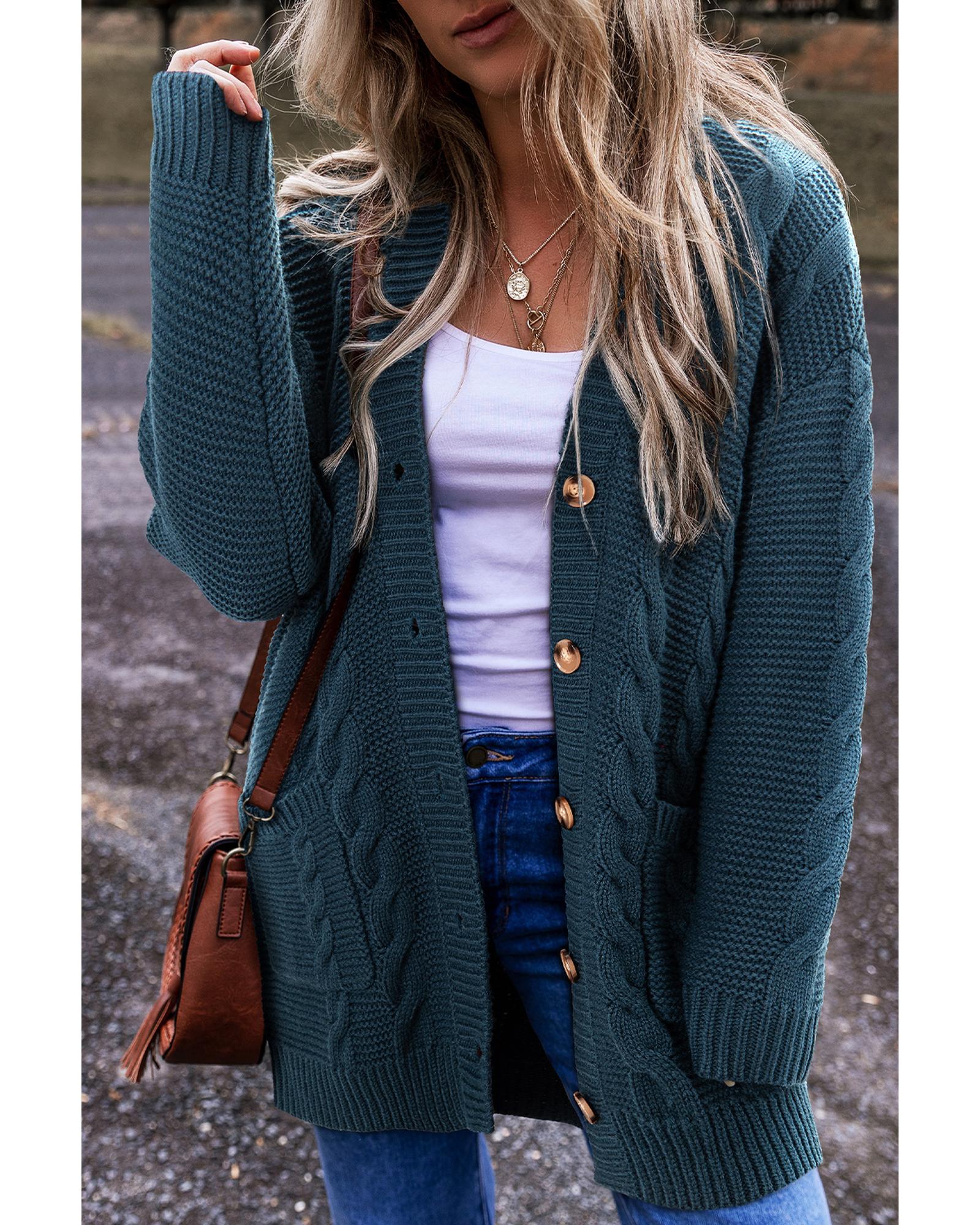 V539-AZEXDC2711942-P405-XL-202508281420-00 Peacock Blue Cable Knit Button Front Pocketed Baggy Cardigan - XL - Image 1