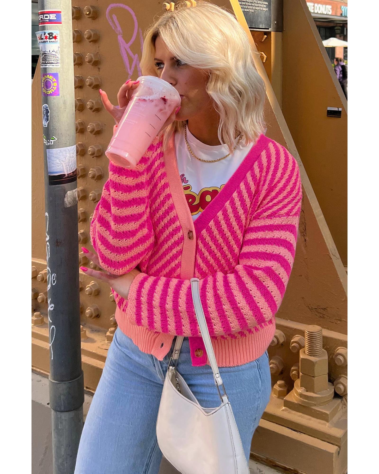 V539-AZEXDC2712003-P1022-XL-202508281735-00 Pink Striped Buttoned V Neck Drop Shoulder Cardigan - XL - Image 1