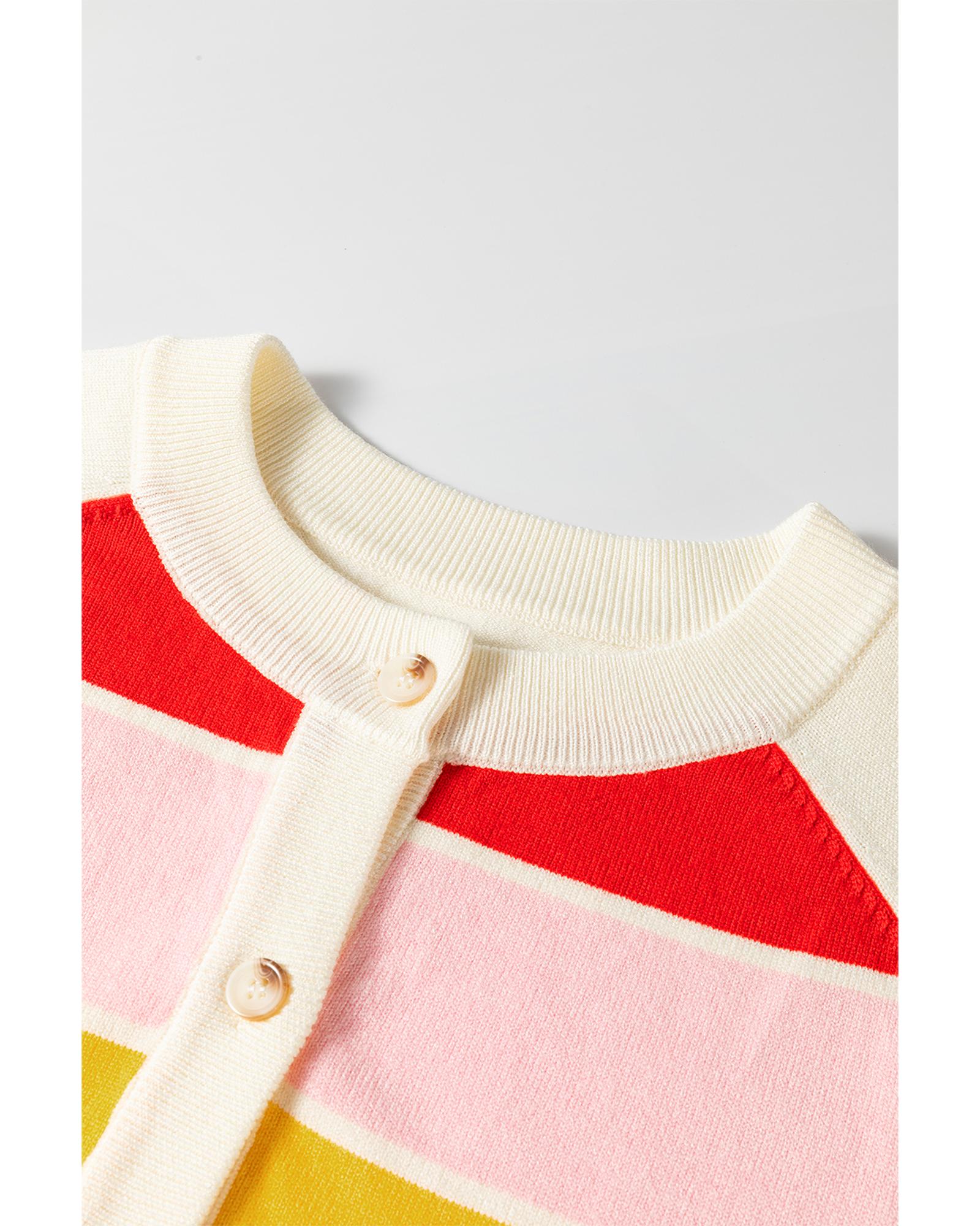 V539-AZEXDC2712031-P119-S-202506131920-00 White Stripe Colorful Pattern Button Front Sweater Cardigan - S - Image 1