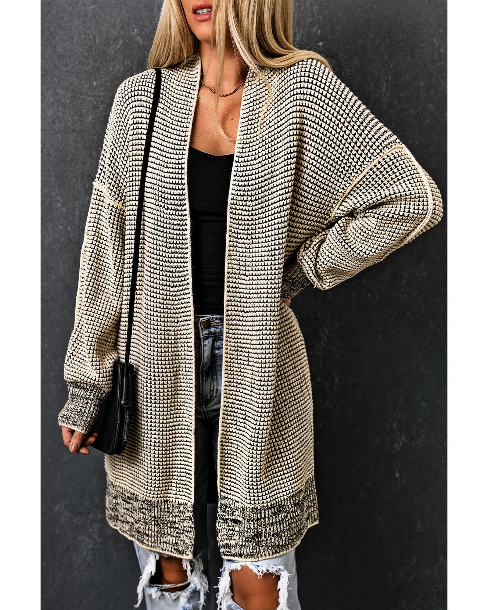 V539-AZEXDC271468-18-L-202508281020-00 Apricot Plaid Knitted Long Open Front Cardigan - L - Image 1