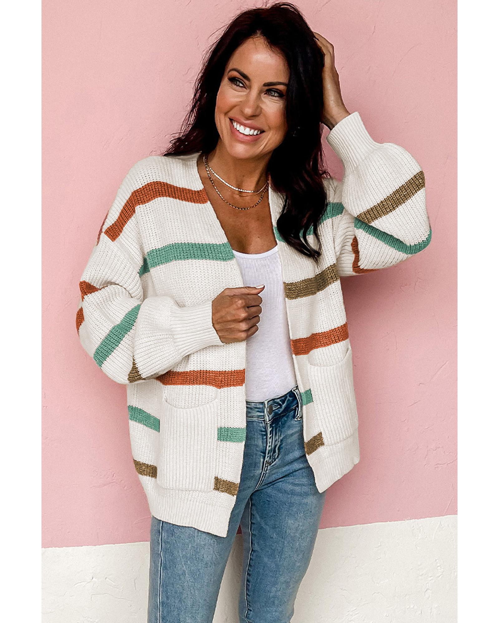 V539-AZEXDC271719-15-S-202508280545-00 Azura Exchange Beige Drop Shoulder Pocketed Stripe Sweater Cardigan - S - Image 1