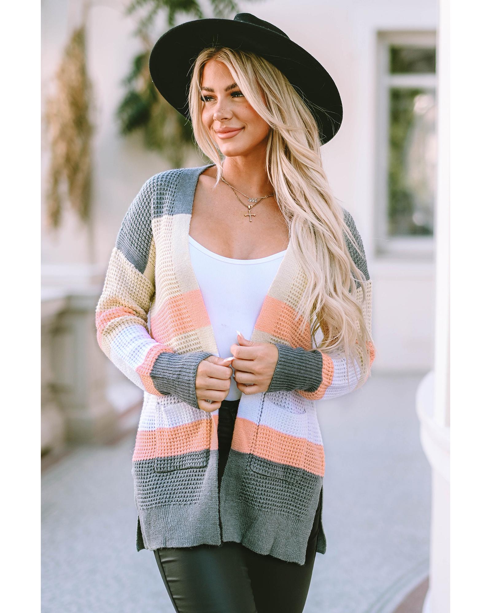 V539-AZEXDC271918-22-S-202506132031-00 Multicolor Color Block Striped Pocketed Open Cardigan - S - Image 1