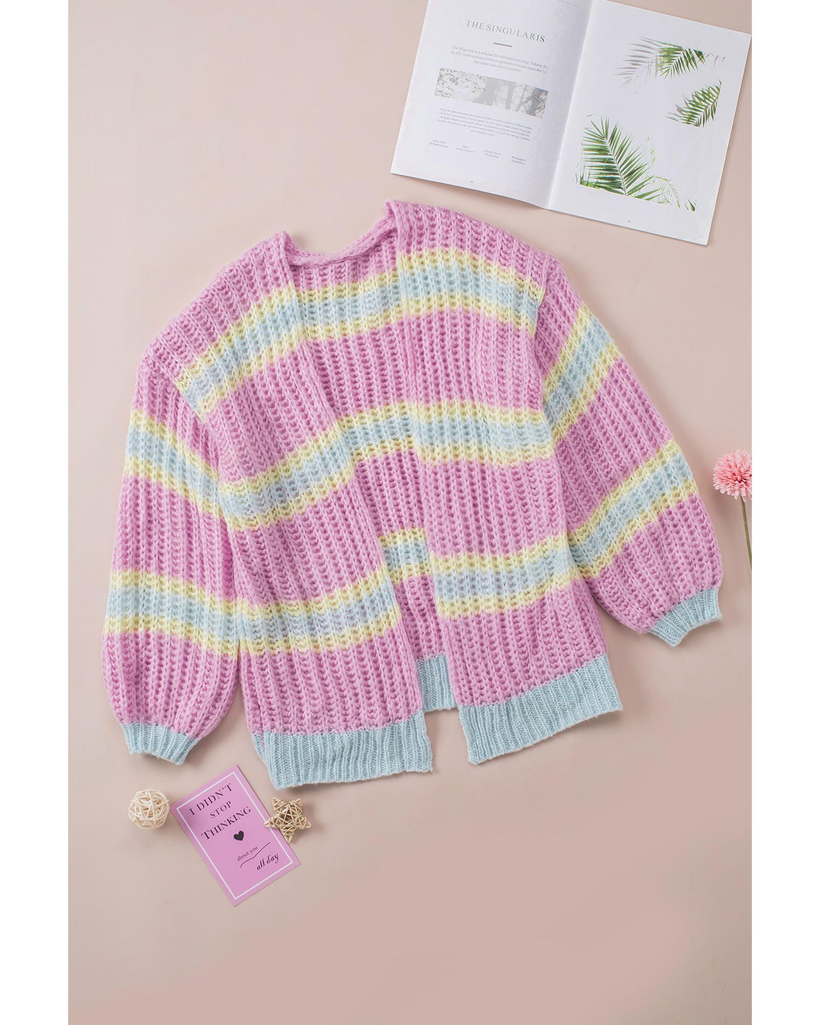 V539-AZEXDC271920-10-M-202508291600-00 Pink Contrast Striped Open Front Cable Cardigan - M - Image 1