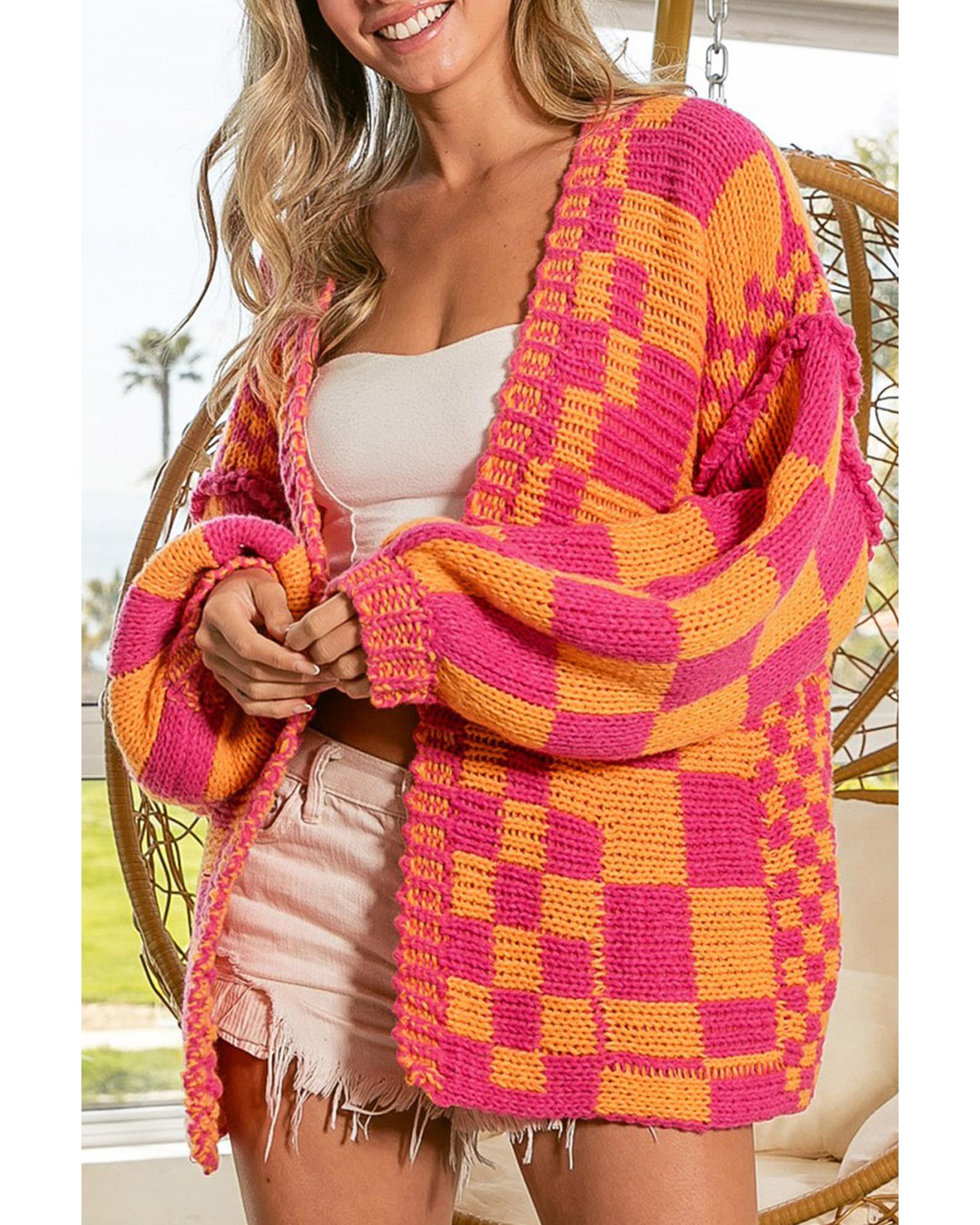 V539-AZEXDC271950-22-XL-202508281935-00 Azura Exchange Multicolor Open Front Mixed Checkered Pattern Knit Cardigan - XL - Image 1