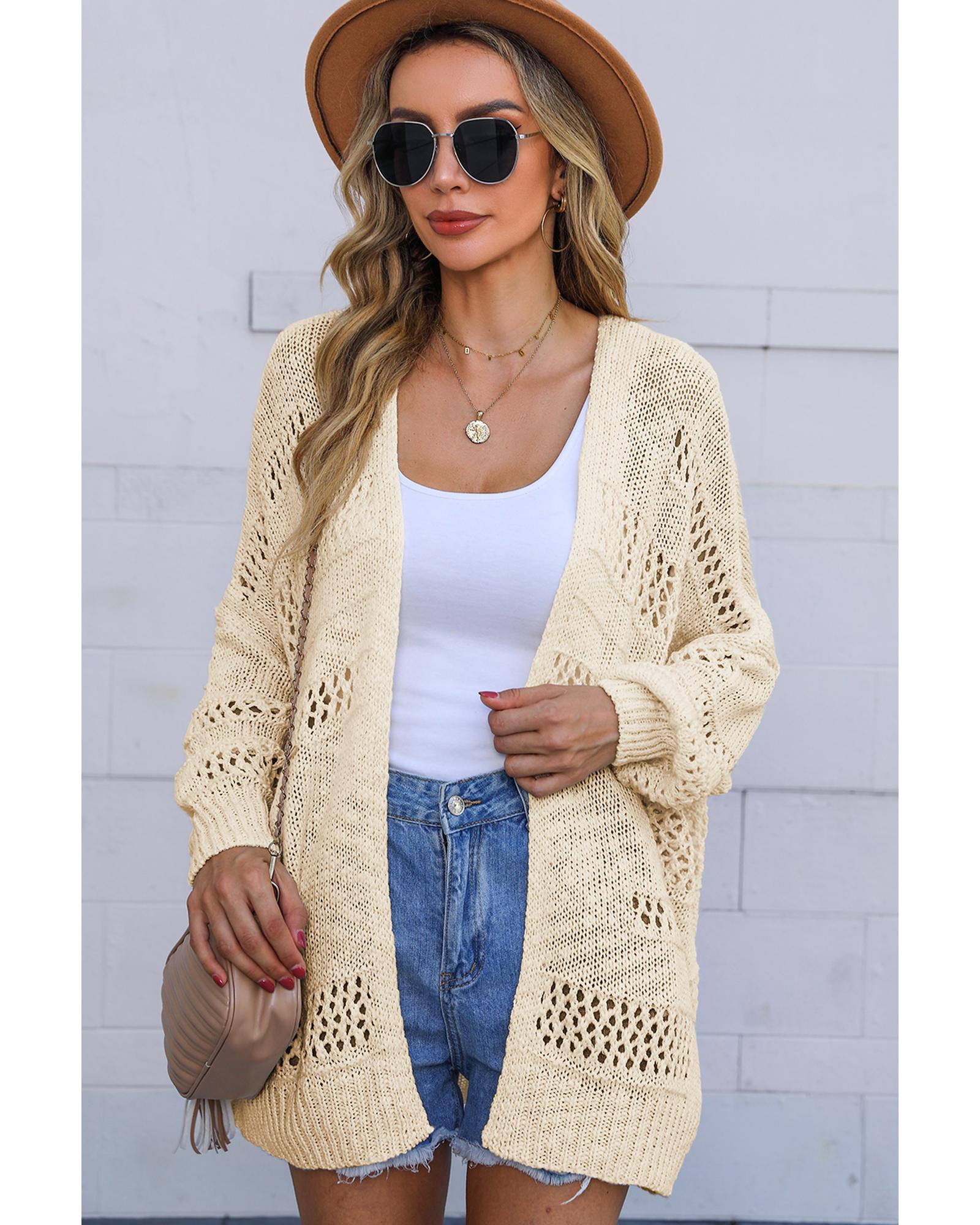 V539-AZEXDC271960-18-L-202508282215-00 Apricot Casual Hollowed Knit Dolman Sleeve Cardigan - L - Image 1