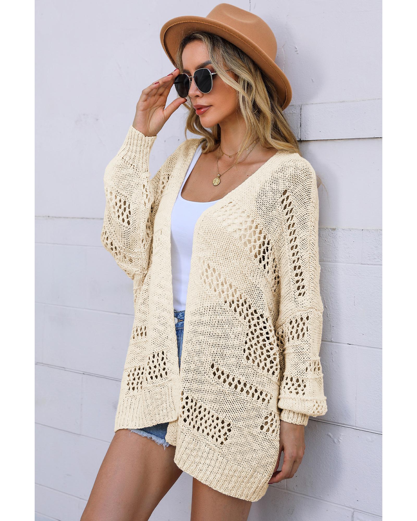 V539-AZEXDC271960-18-XL-202508291245-00 Apricot Casual Hollowed Knit Dolman Sleeve Cardigan - XL - Image 1
