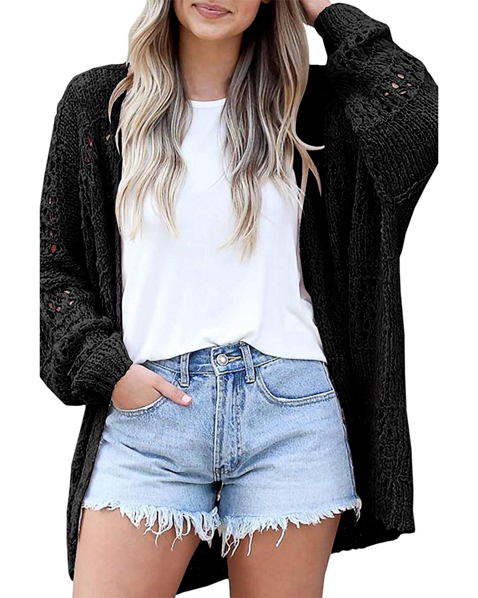 V539-AZEXDC271960-2-XL-202508291715-00 Black Casual Hollowed Knit Dolman Sleeve Cardigan - XL - Image 1