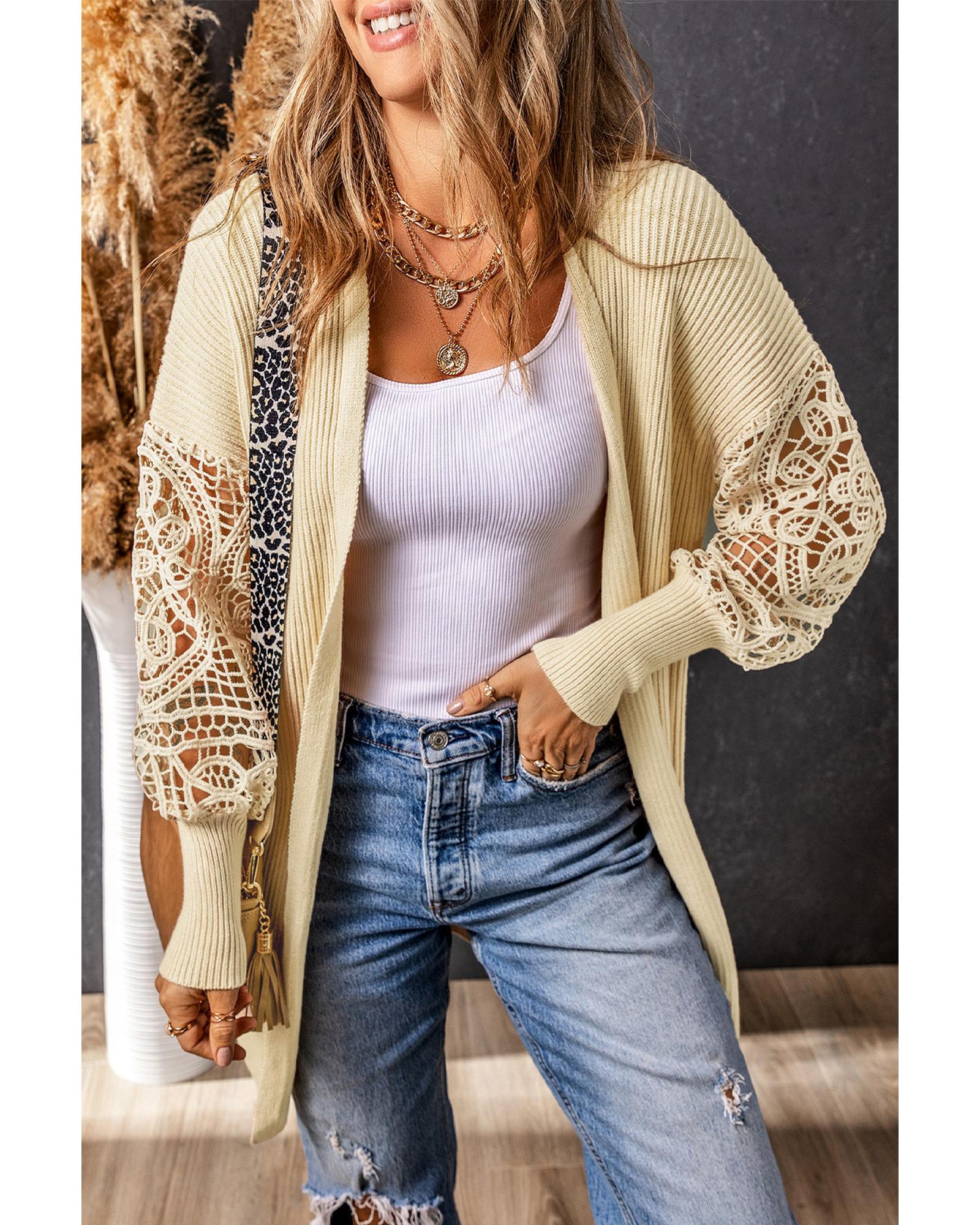 V539-AZEXDC271973-18-M-202508291745-00 Apricot Crochet Lace Sleeve Ribbed Knit Cardigan - M - Image 1