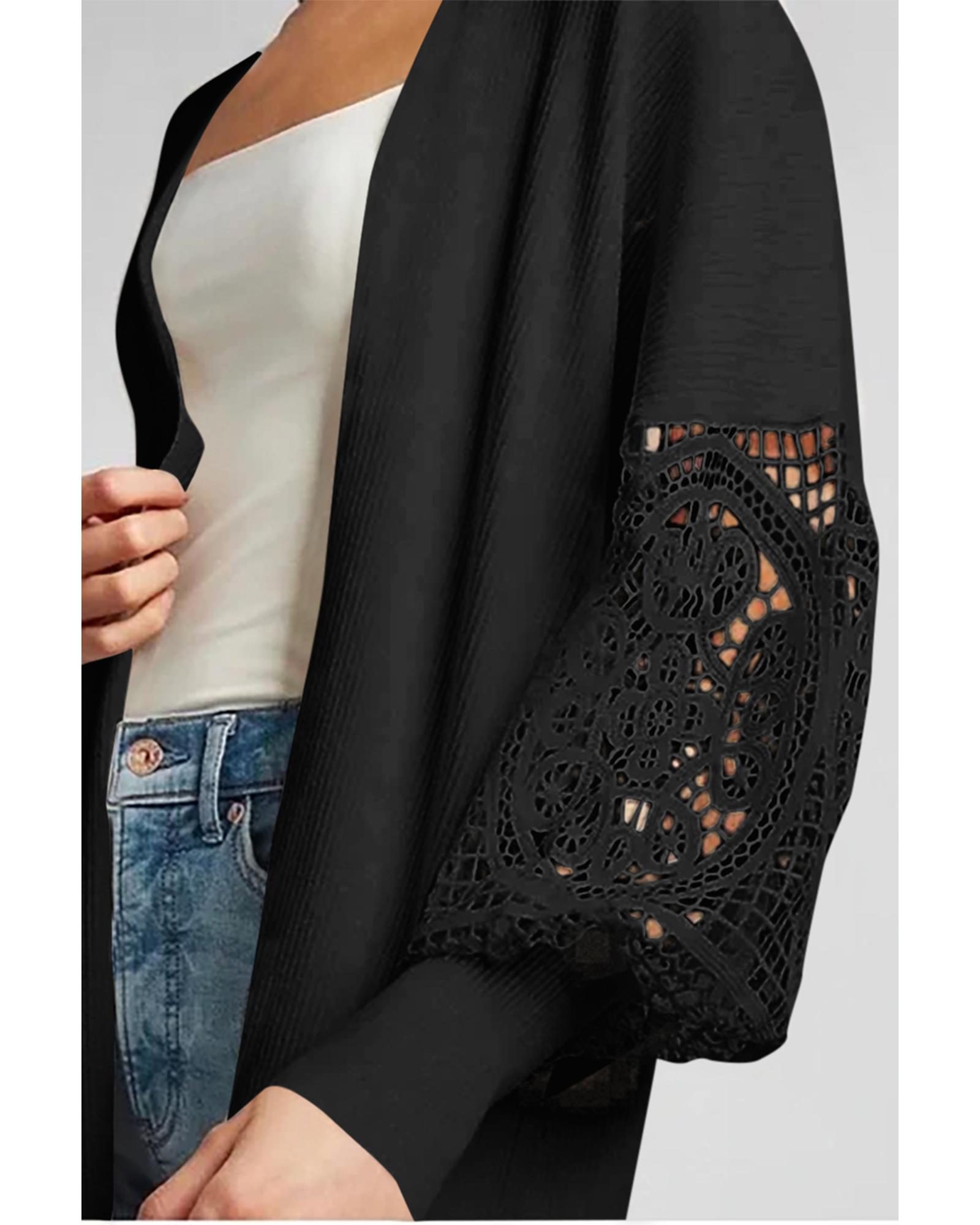 V539-AZEXDC271973-2-M-202506132117-00 Black Crochet Lace Sleeve Ribbed Knit Cardigan - M - Image 1