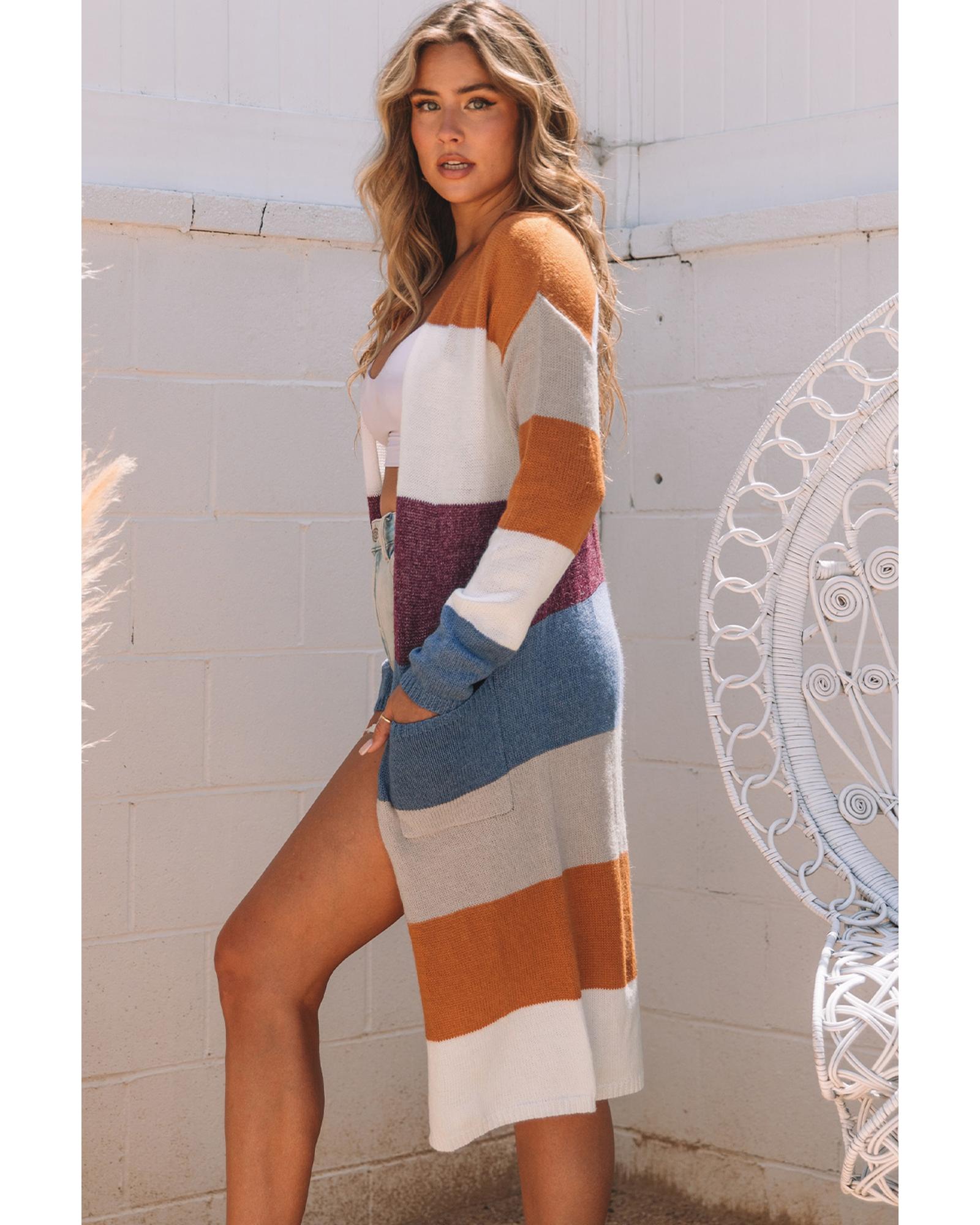 V539-AZEXDC271977-22-L-202508292325-00 Azura Exchange Multicolor Colorblock Open Front Long Knit Cardigan - L - Image 1