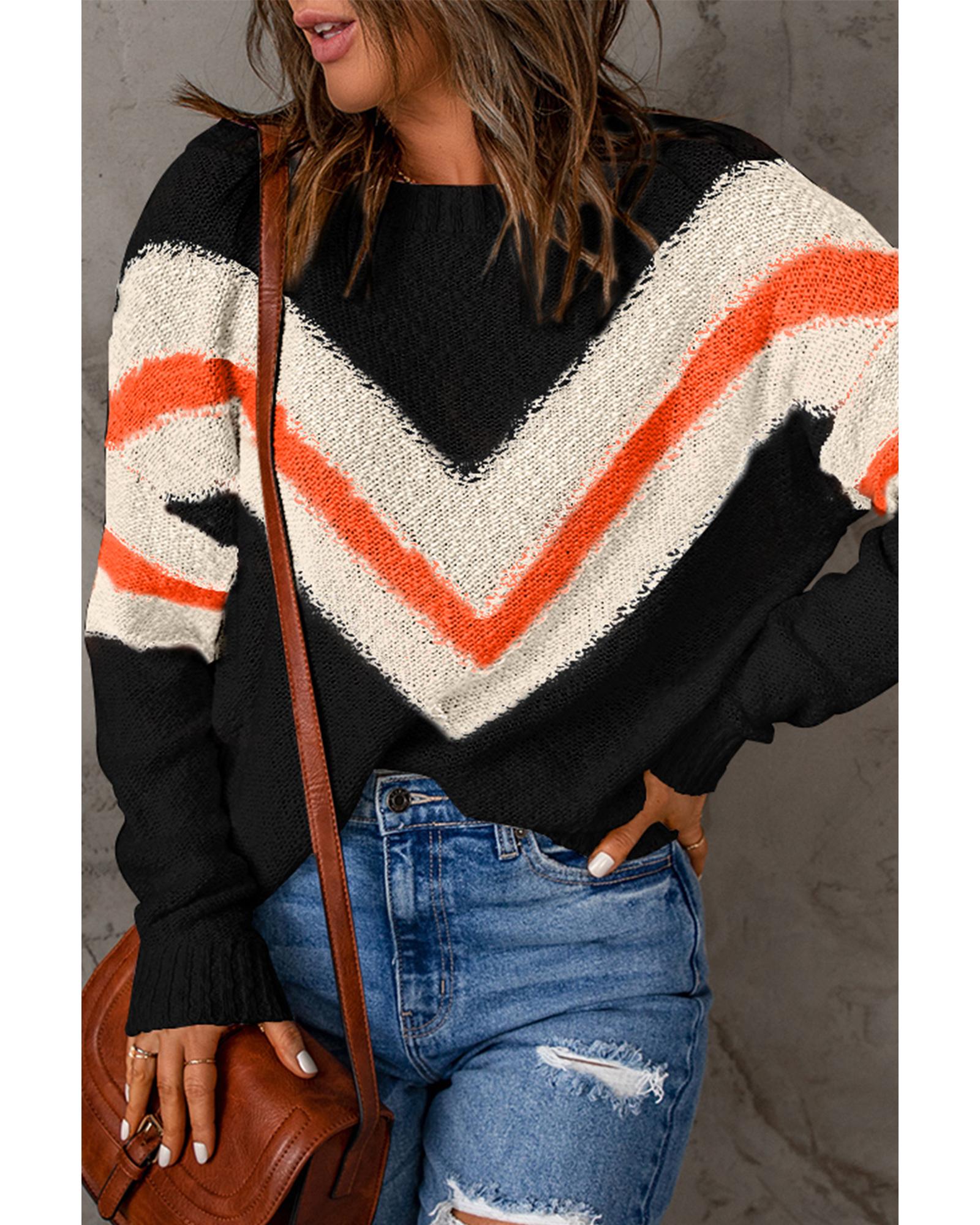 V539-AZEXDC2722180-P2-XL-202508280545-00 Black Chevron Striped Drop Shoulder Sweater - XL - Image 1