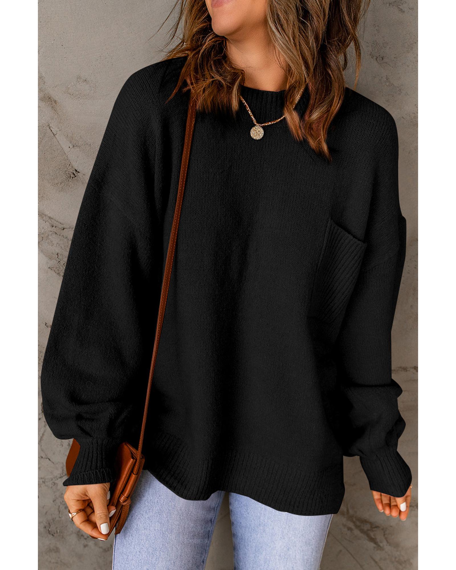 V539-AZEXDC2722197-P2-L-202506131820-00 Black Solid Color Puffy Sleeve Pocketed Sweater - L - Image 1