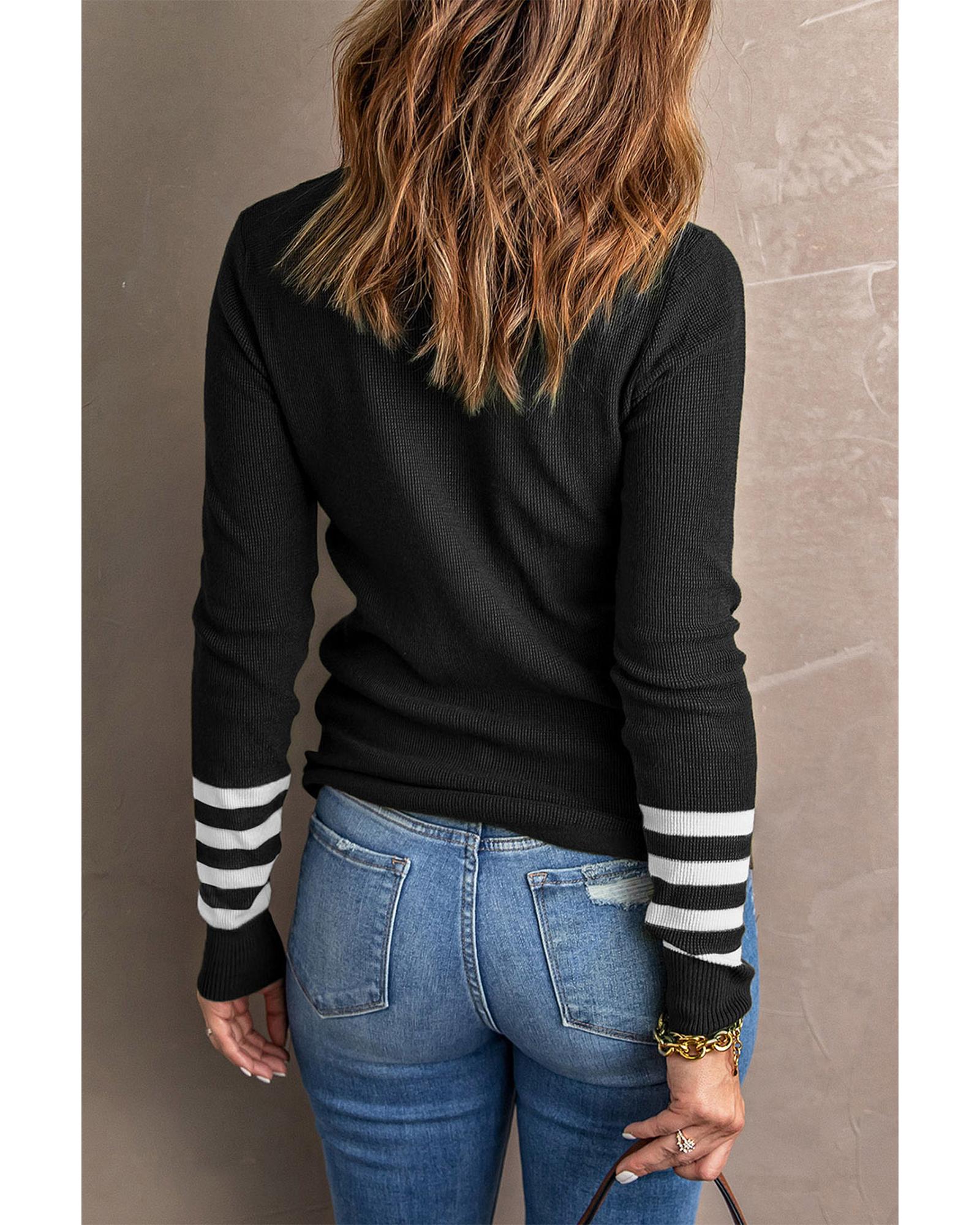 V539-AZEXDC2722274-2-S-202506191747-00 Black Striped Sleeve Plain Knit Sweater - S - Image 1