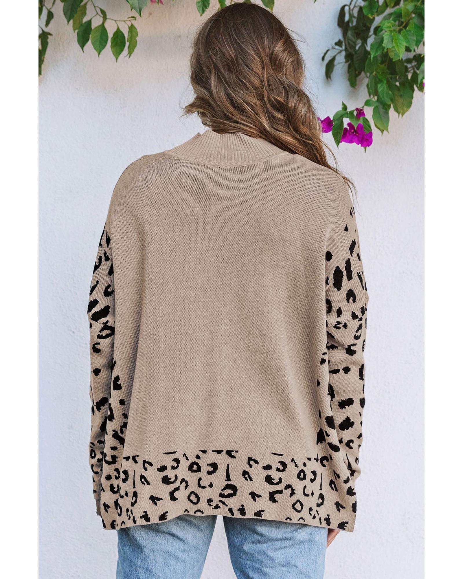 V539-AZEXDC2722386-16-L-202506131917-00 Khaki Leopard High Neck Side Slit Oversized Sweater - L - Image 1