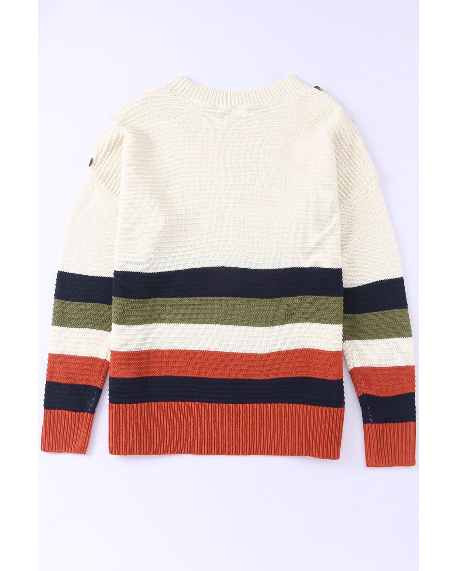 V539-AZEXDC2722536-1-S-202506131927-00 White Buttoned Shoulder Drop Shoulder Striped Sweater - S - Image 1