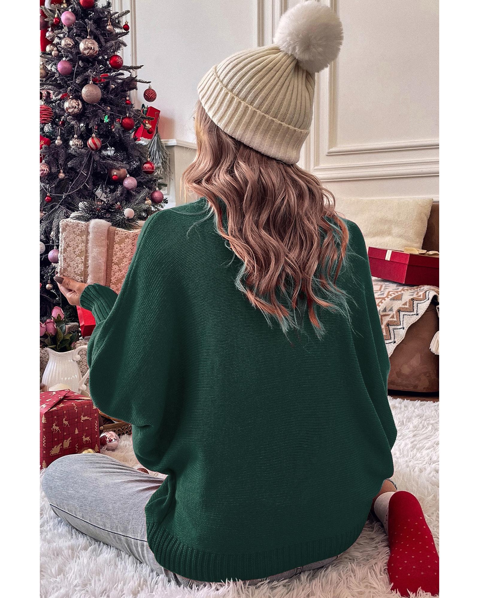 V539-AZEXDC2722817-P309-M-202508280845-00 Blackish Green Merry Letter Embroidered High Neck Sweater - M - Image 1