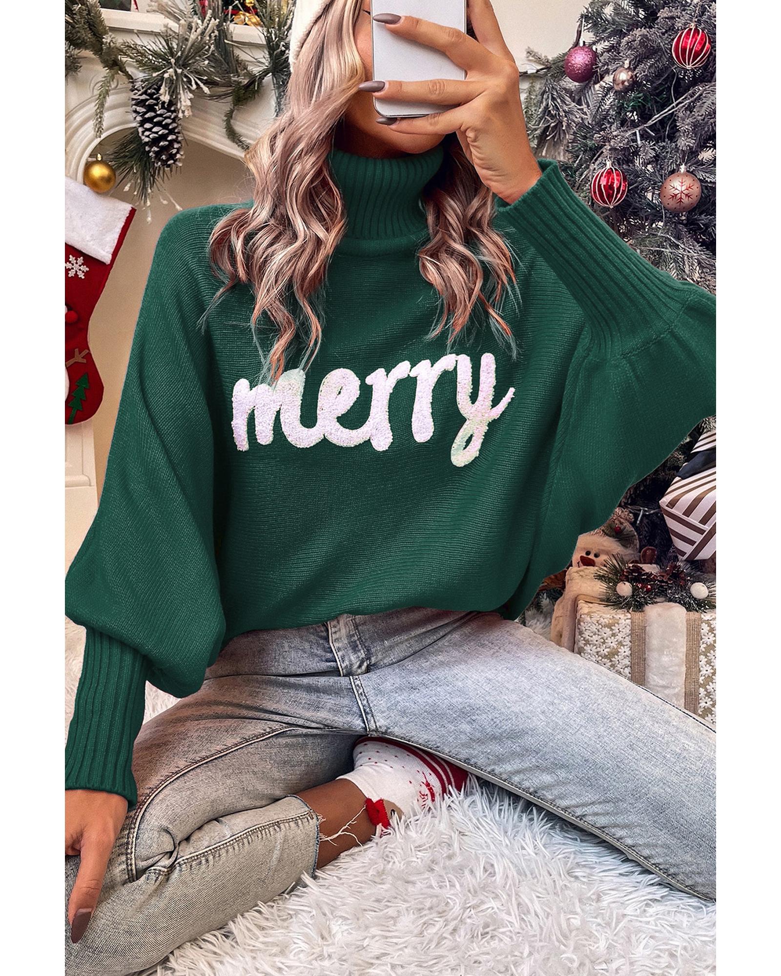 V539-AZEXDC2722817-P309-XL-202508281220-00 Blackish Green Merry Letter Embroidered High Neck Sweater - XL - Image 1