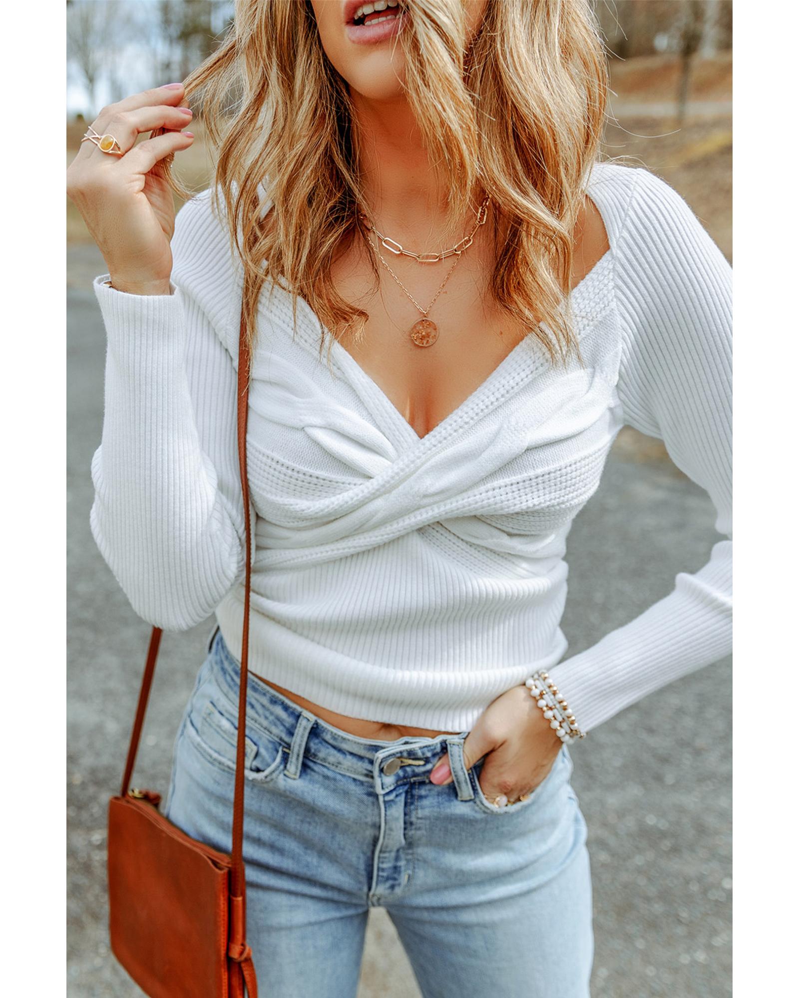 V539-AZEXDC2722945-1-XL-202508290255-00 White Cable Crossed V Neck Sweater - XL - Image 1