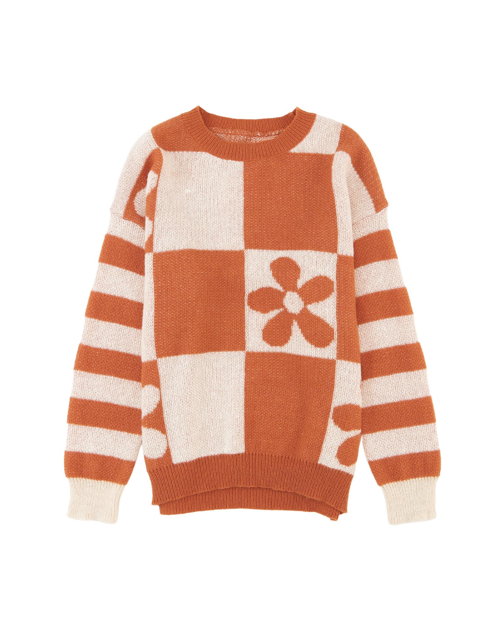 V539-AZEXDC2722989-17-L-202508300525-00 Brown Checkered Floral Print Striped Sleeve Sweater - L - Image 1