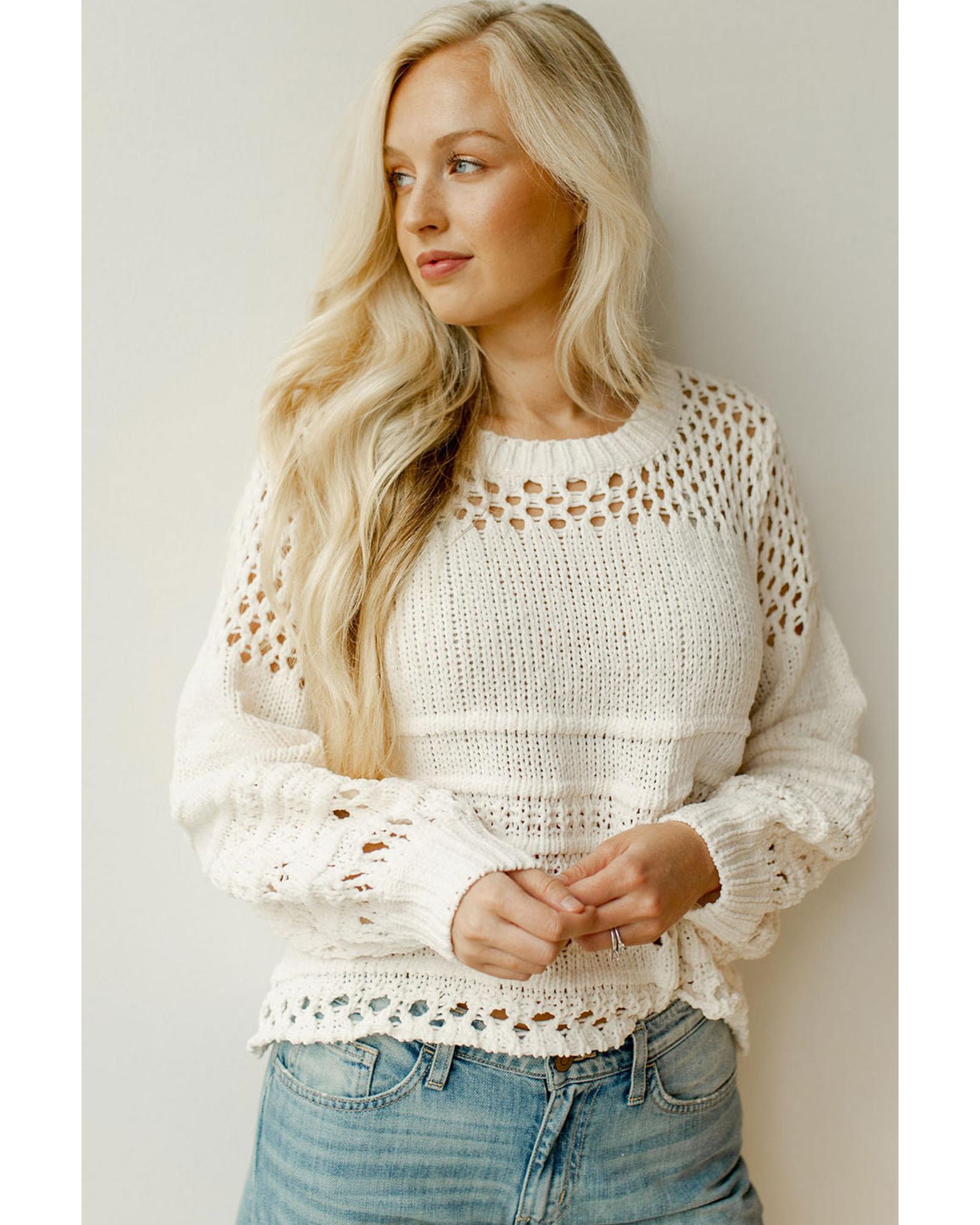 V539-AZEXDC2723026-1-2XL-202508280615-00 White Solid Color Pointelle Knit Puff Sleeve Sweater - 2XL - Image 1